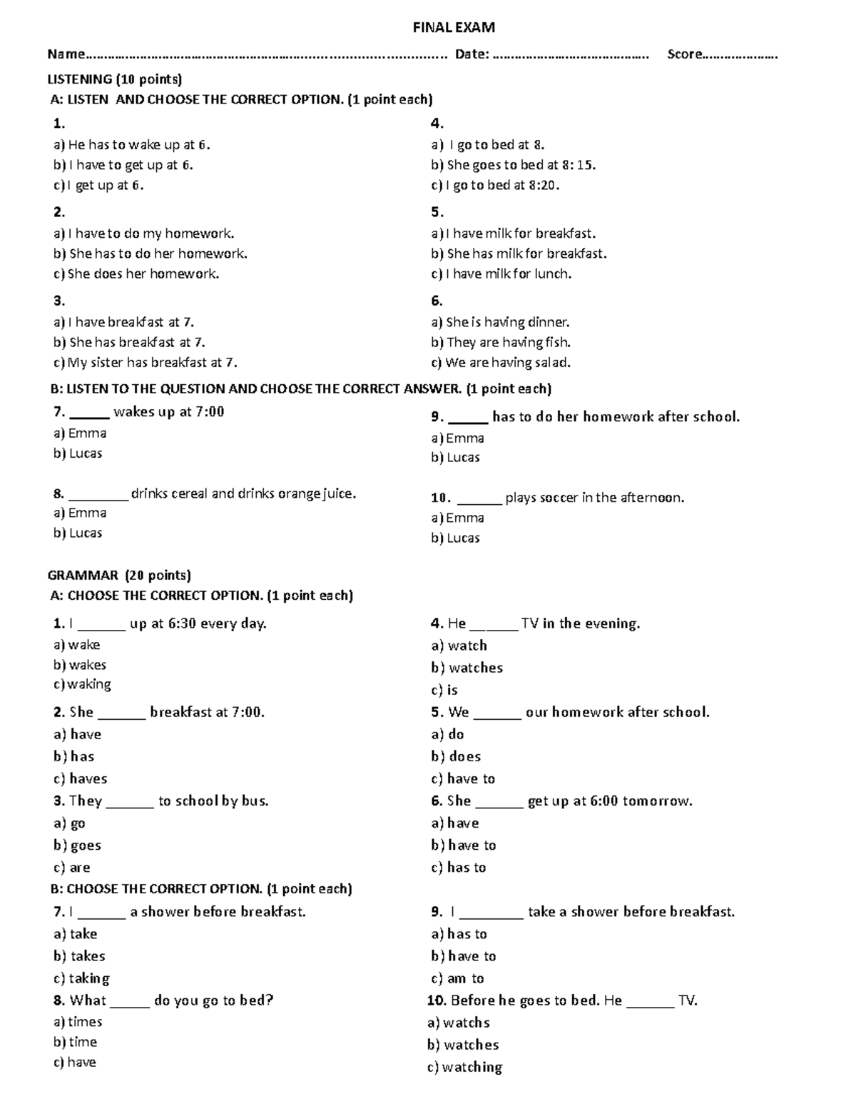 FINAL EXAM 1845 - Listening & Grammar A2 Level - Studocu