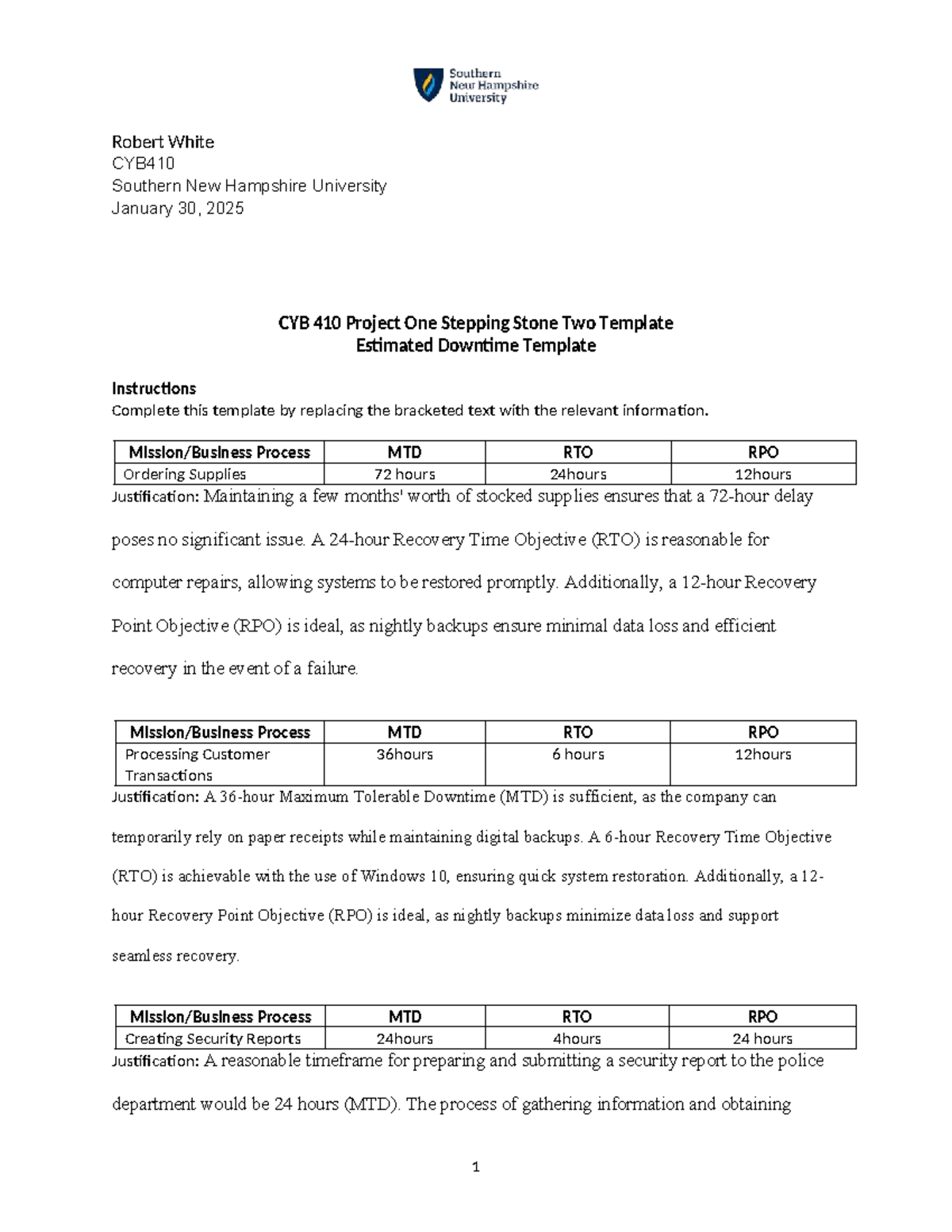 CYB 410 Project One: Stepping Stone Two Downtime Analysis Template ...