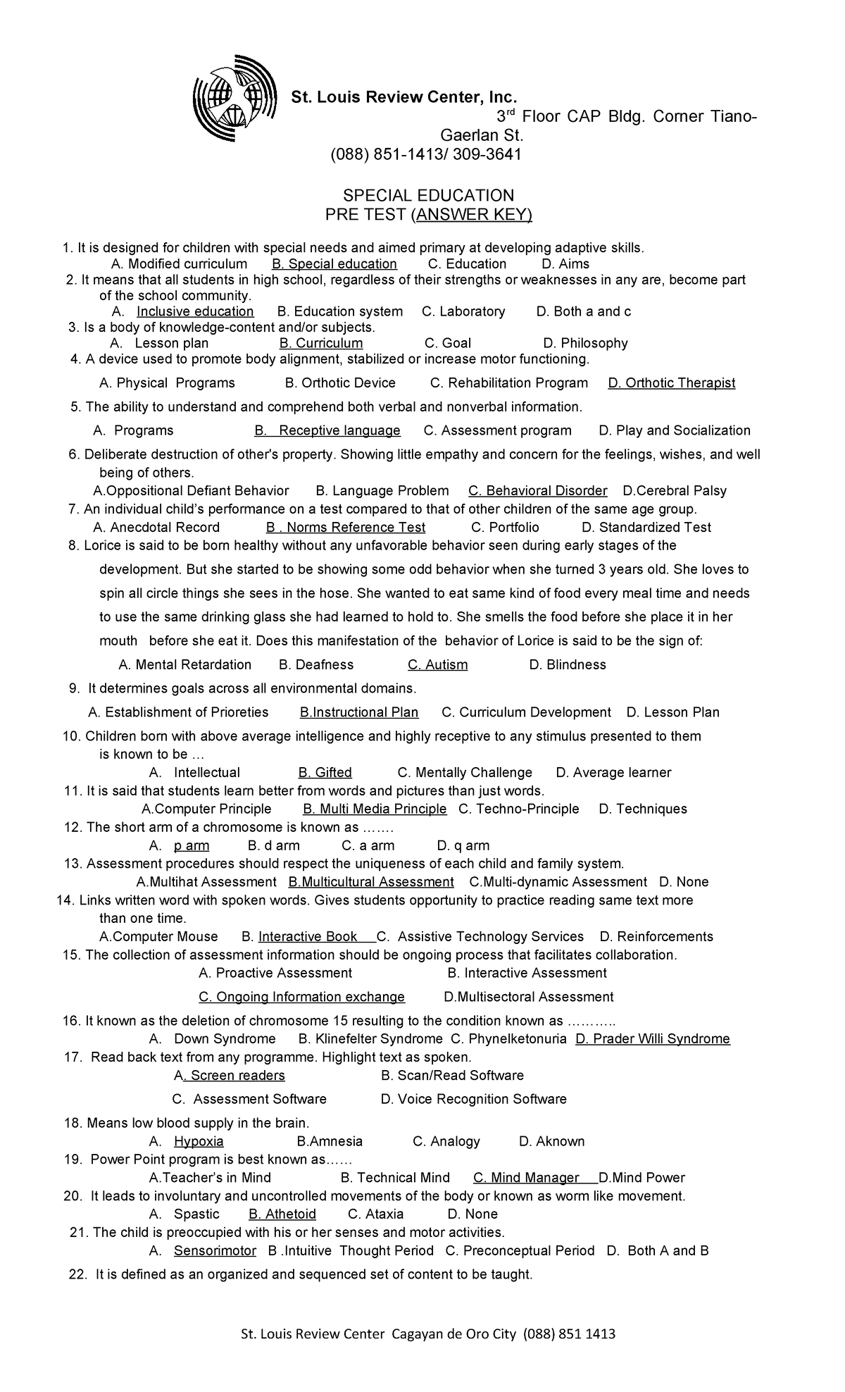 Sample LET Items for Special Education (Pre-Test Answer Key) - Studocu