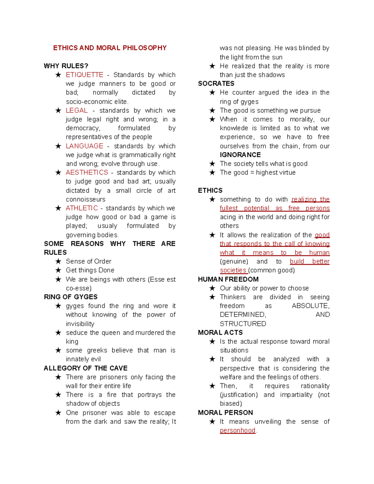 PHILO 23 - Quick Notes on Ethics and Moral Philosophy - Studocu