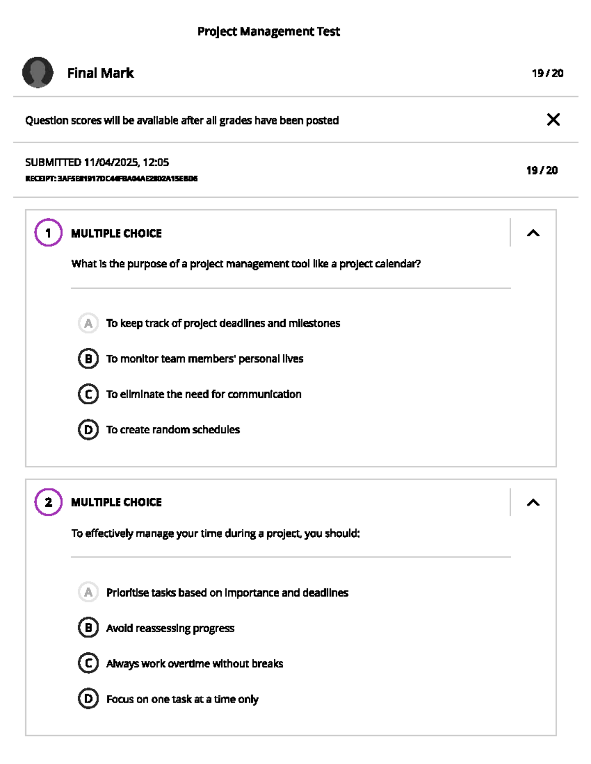 Project management quiz: Final exam preparation and question scores ...