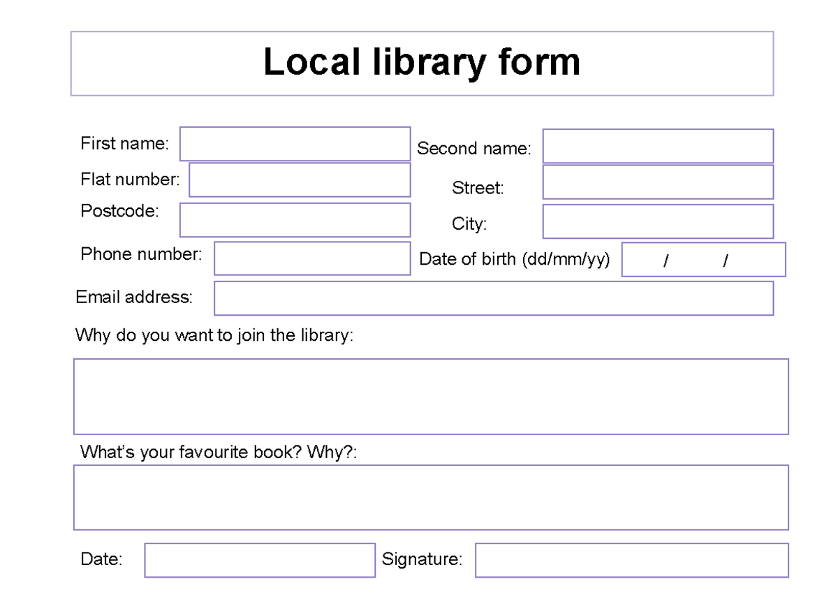English Filling THE FORM Practice Entry Level 1 and 2 - Local library ...