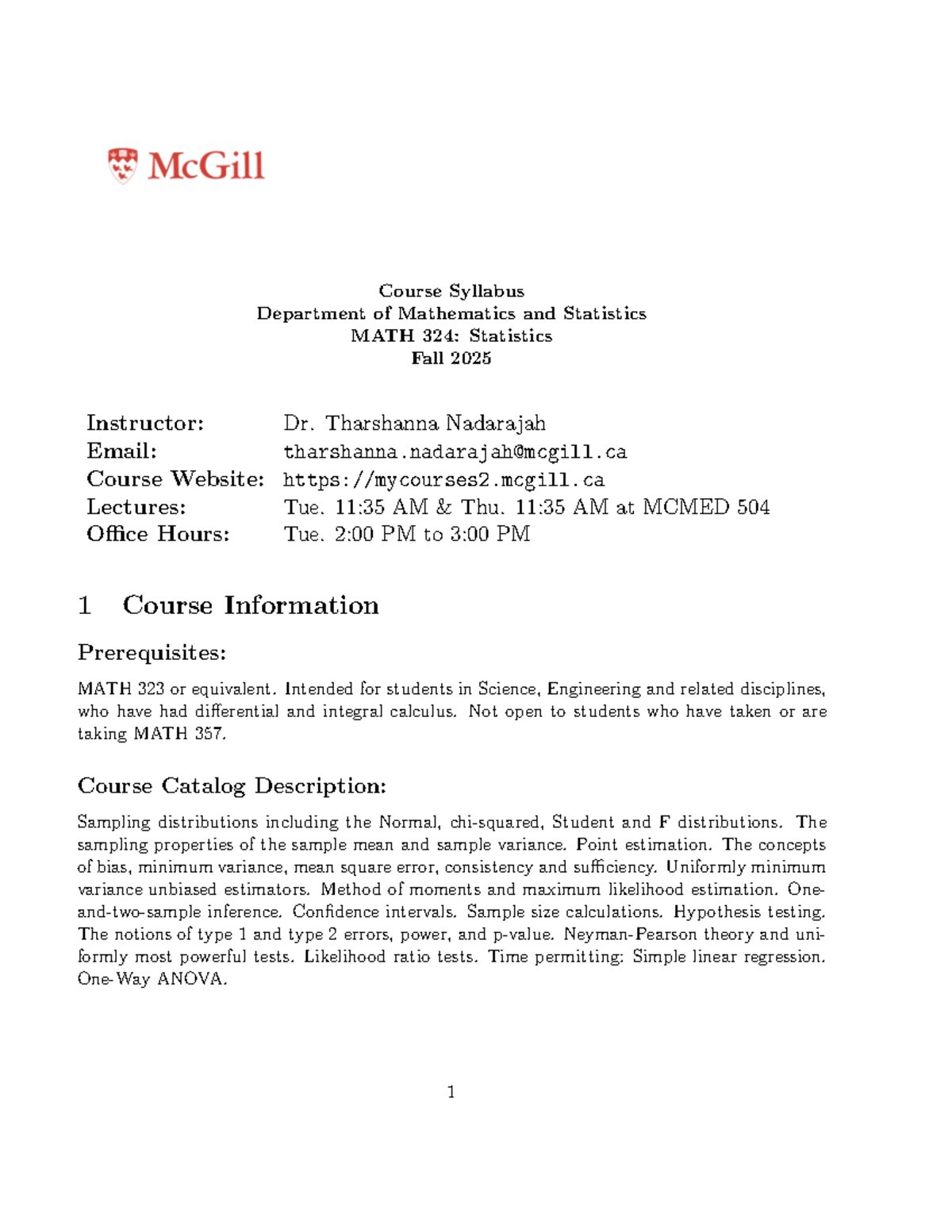 MATH 324: Statistics Course Syllabus - Fall 2025 Overview - Studocu