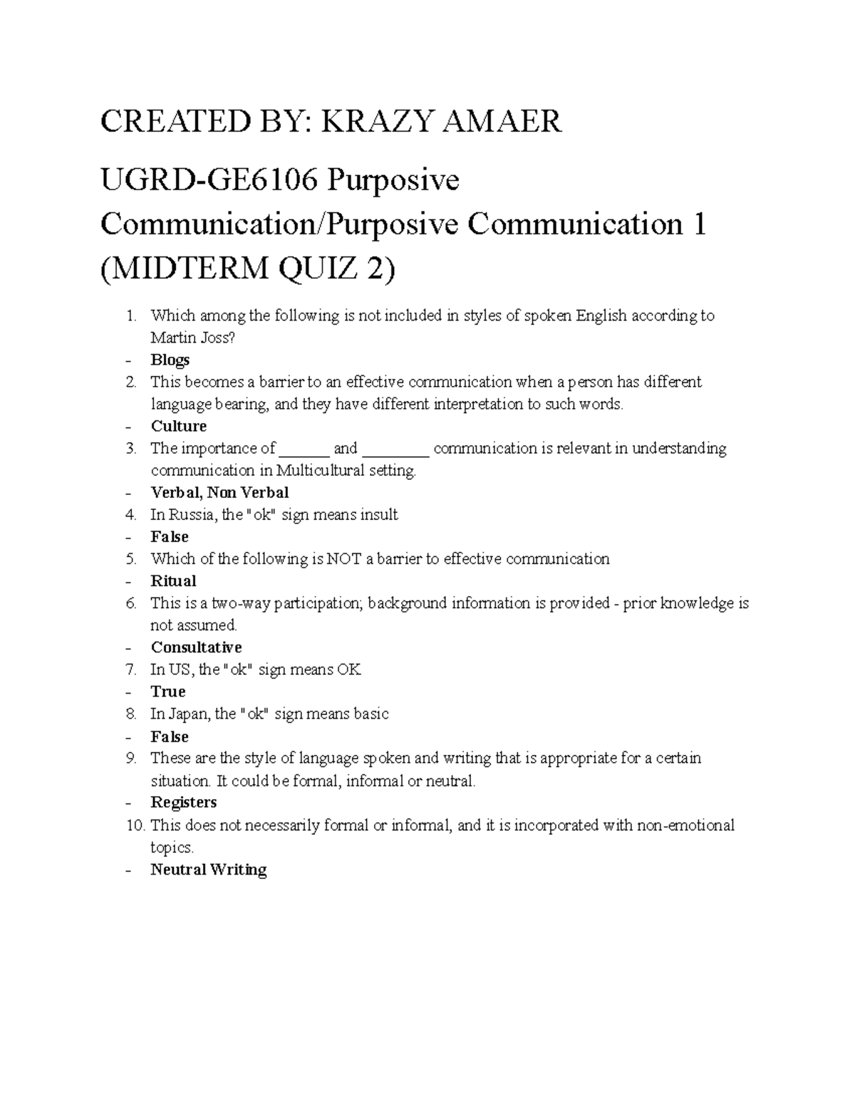 UGRD-GE6106 Purposive Communication Midterm Quiz 2 Guide - Studocu