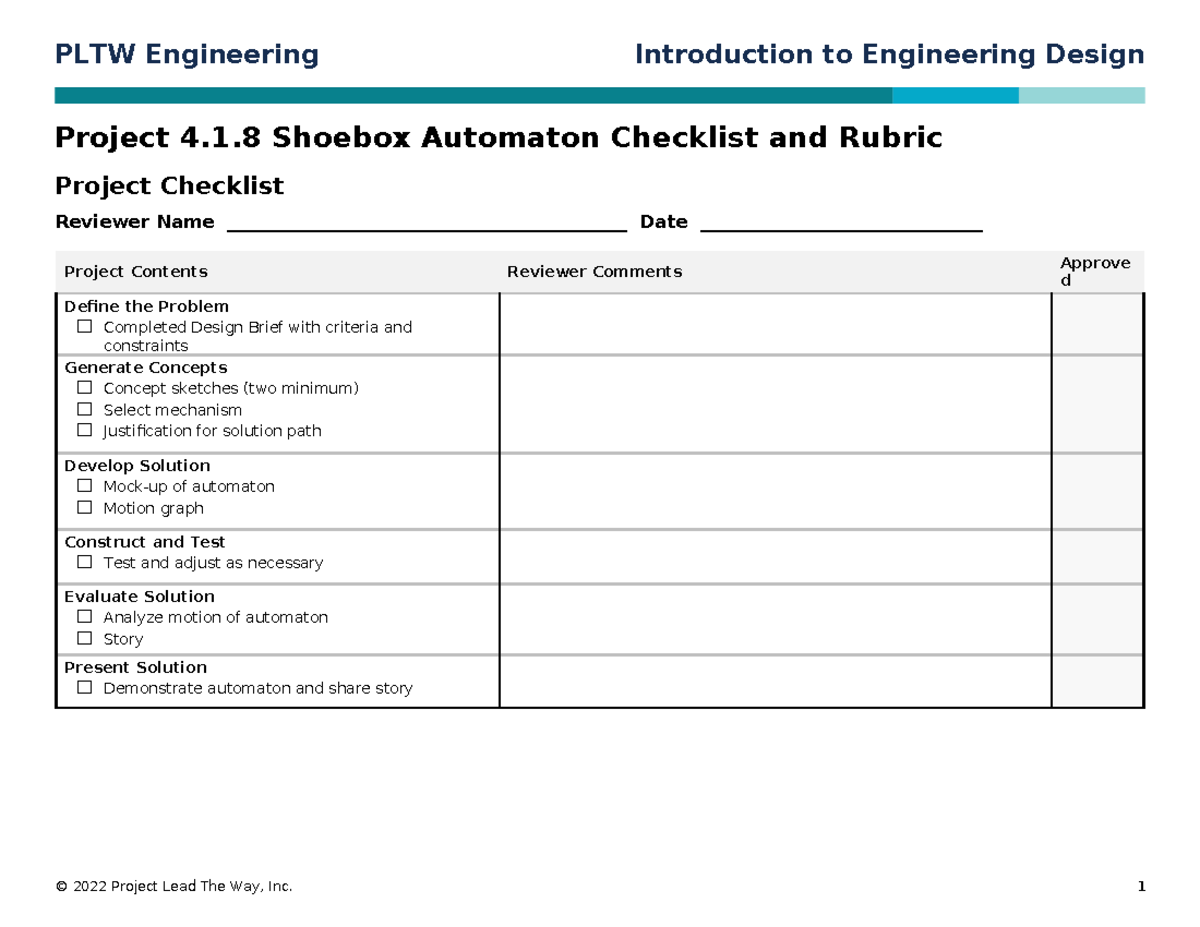 IED 418 Shoebox Automaton Project Checklist & Rubric - Studocu