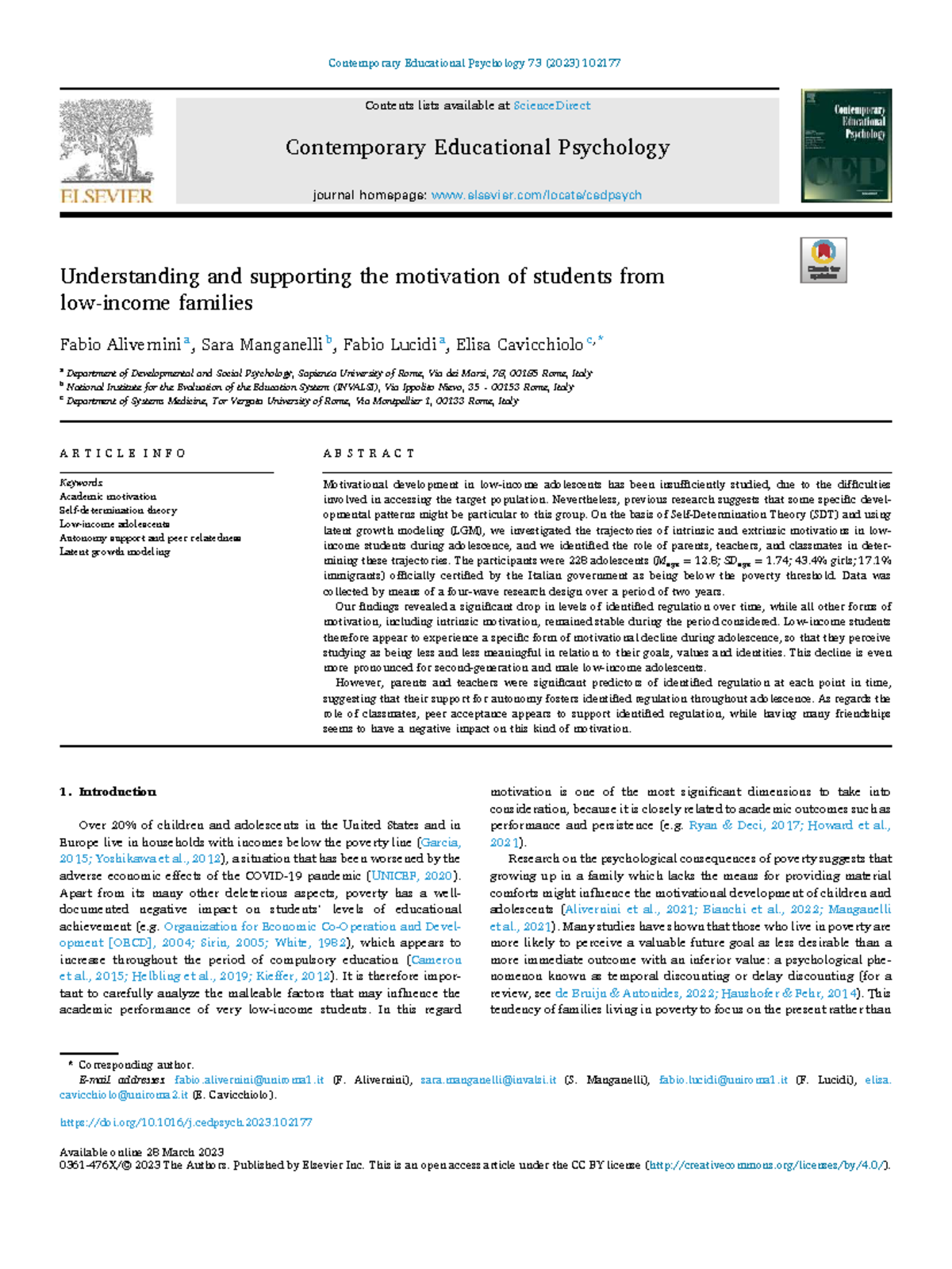 Longitudinal Study of Motivation Dynamics in Low-Income Students (EDU ...
