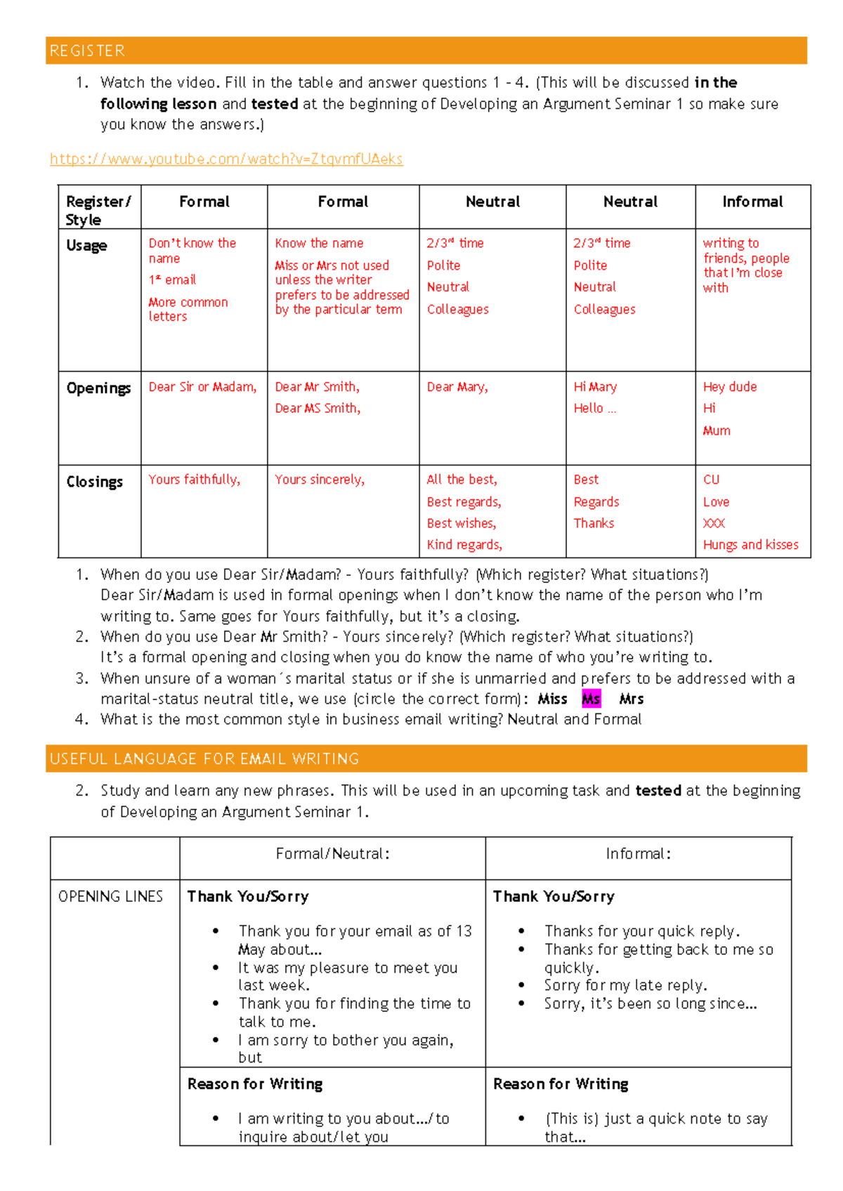 HW Registers - Homework on Formal and Informal Email Styles - Studocu