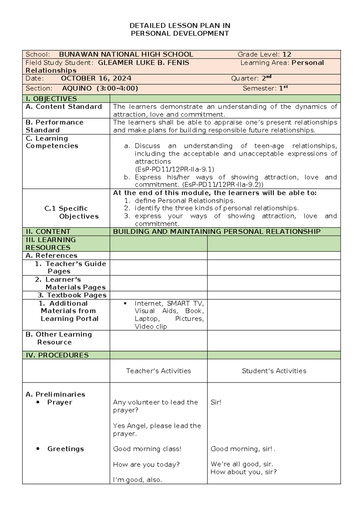 LP PER DEV - lesson plan - DETAILED LESSON PLAN IN PERSONAL DEVELOPMENT ...