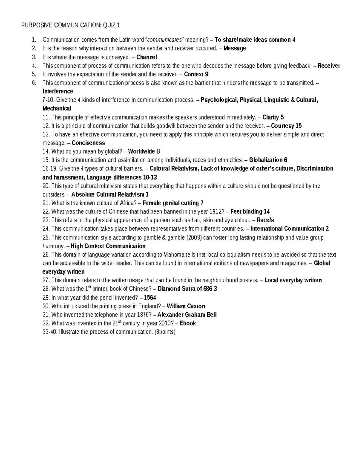 Quiz 1 - QUIZ - PURPOSIVE COMMUNICATION: QUIZ 1 Communication comes ...