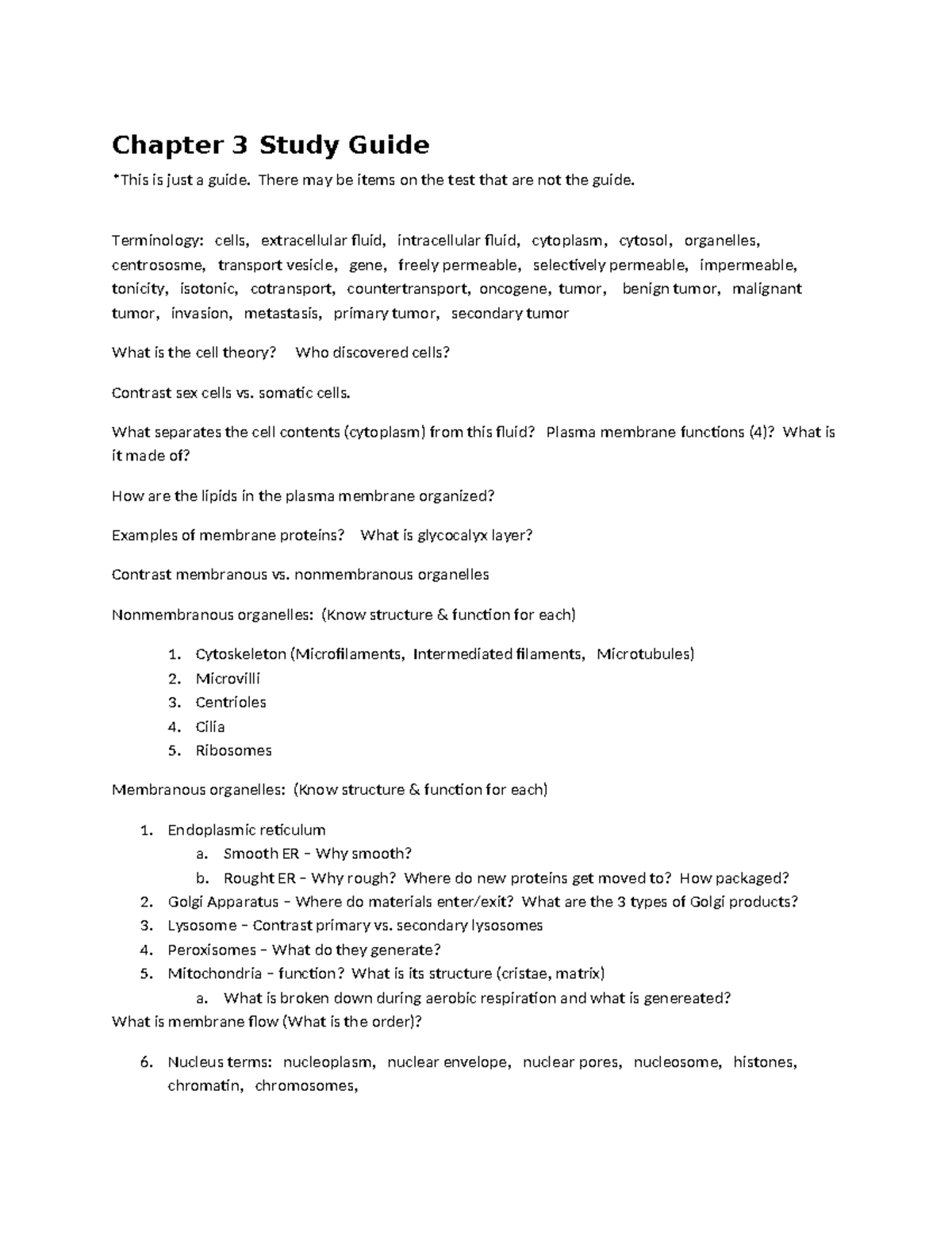 Chapter 3 Study Guide: Cell Structure & Function Insights - Studocu