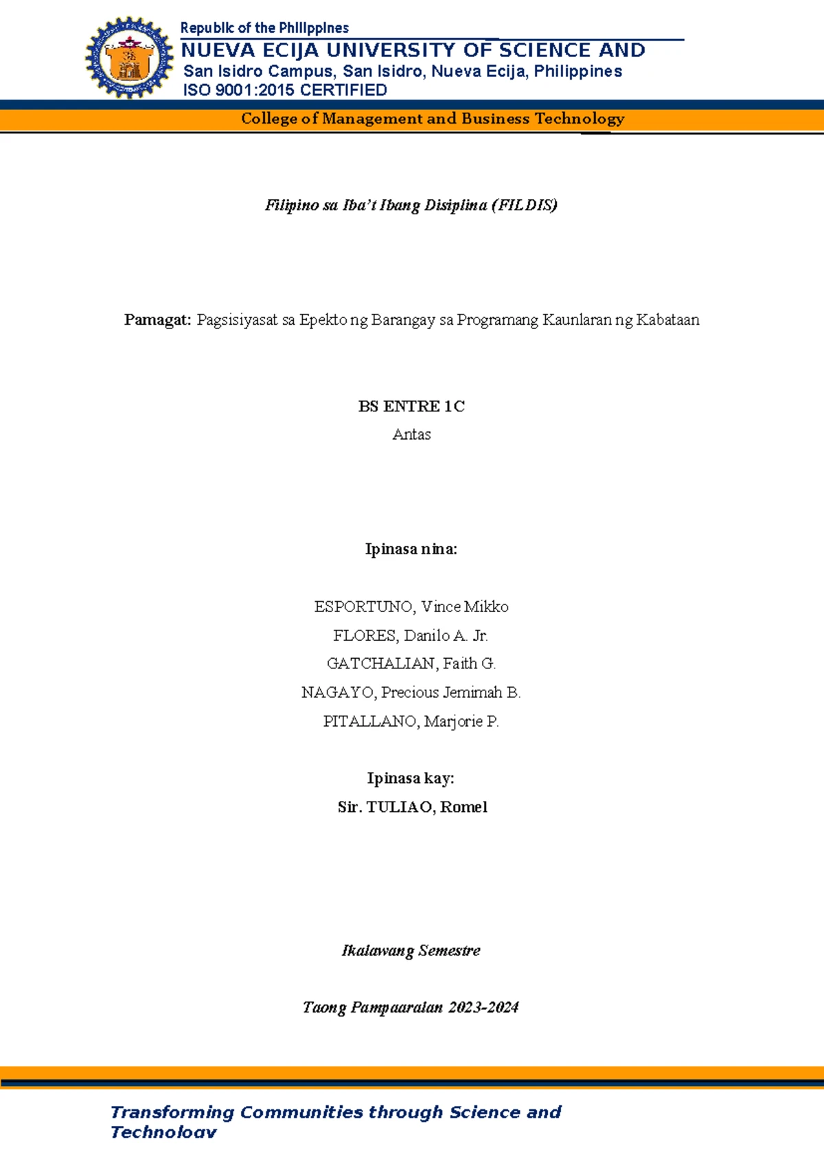NUEVA ECIJA UNIVERSITY OF SCIENCE AND TECHNOLOGY: Chapter 1 - The ...