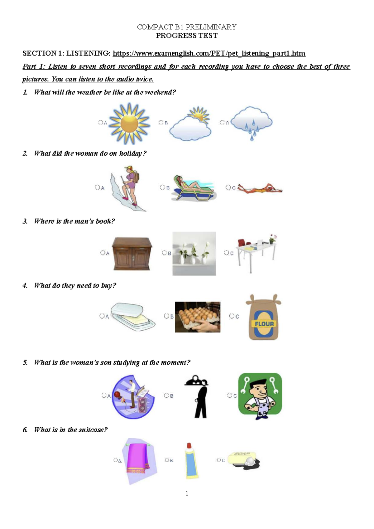 Compact B1 Preliminary Progress Test 6: Listening & Reading - Studocu