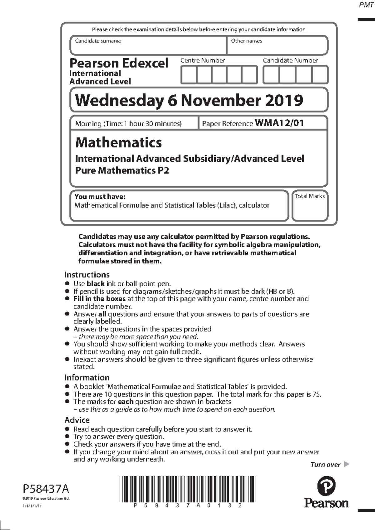 Mathematics IAL Pure Mathematics P2 Exam Paper - Nov 2019 - Studocu