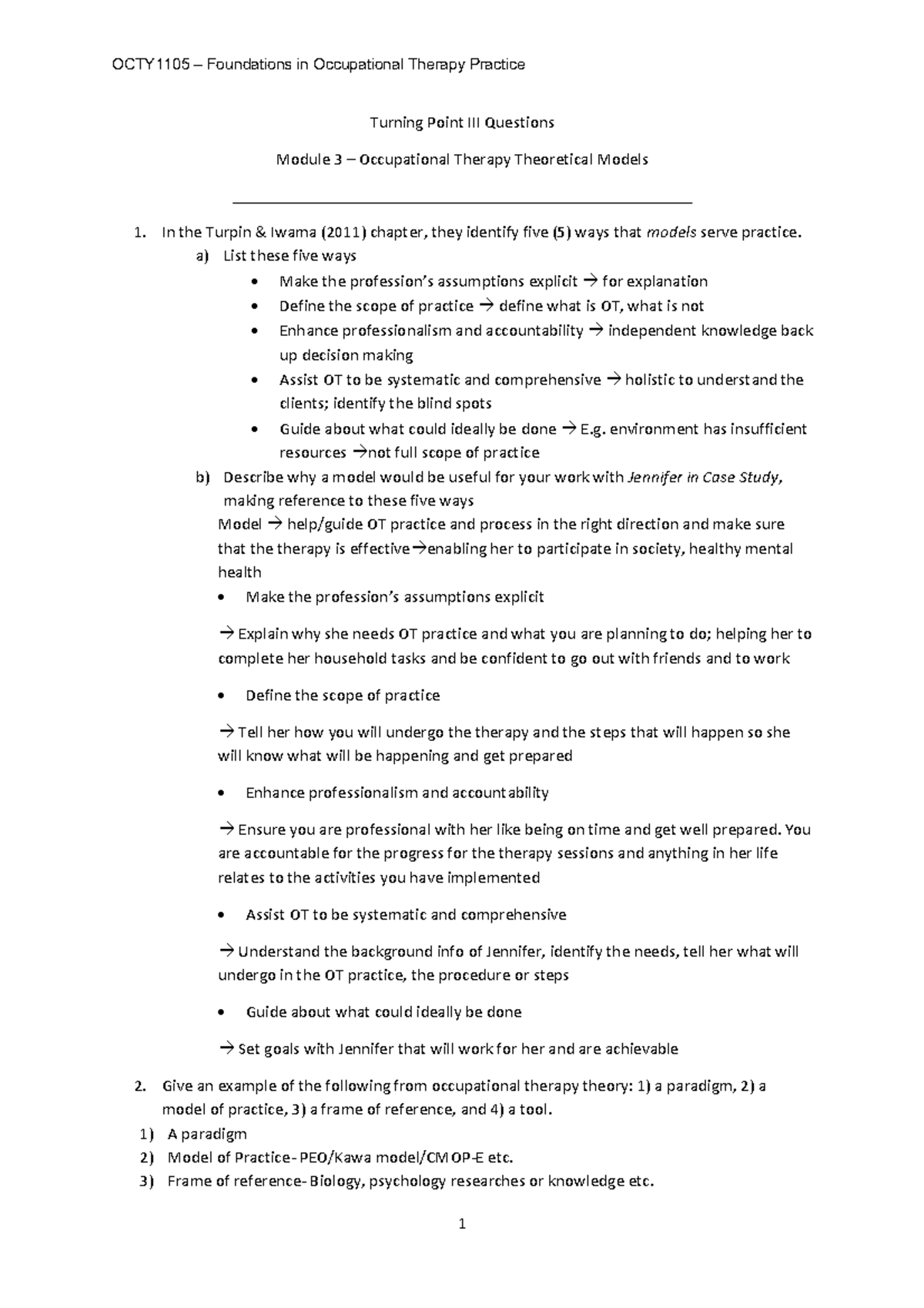 Turning Point III Summary: Foundations in Occupational Therapy (Module ...