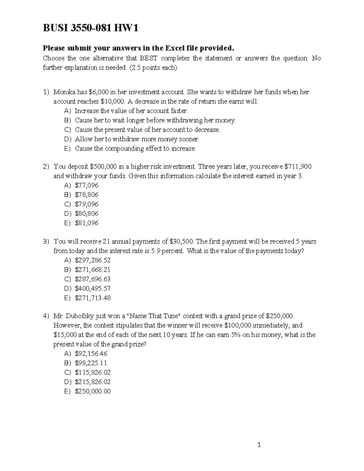 3550-081-25F-HW1 - Finance Assignment Questions and Answers - Studocu
