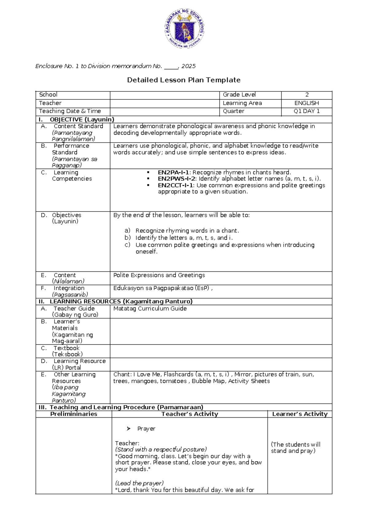Matatag DLP ENGLISH Grade 2 Lesson Plan for Day 1 Activities - Studocu