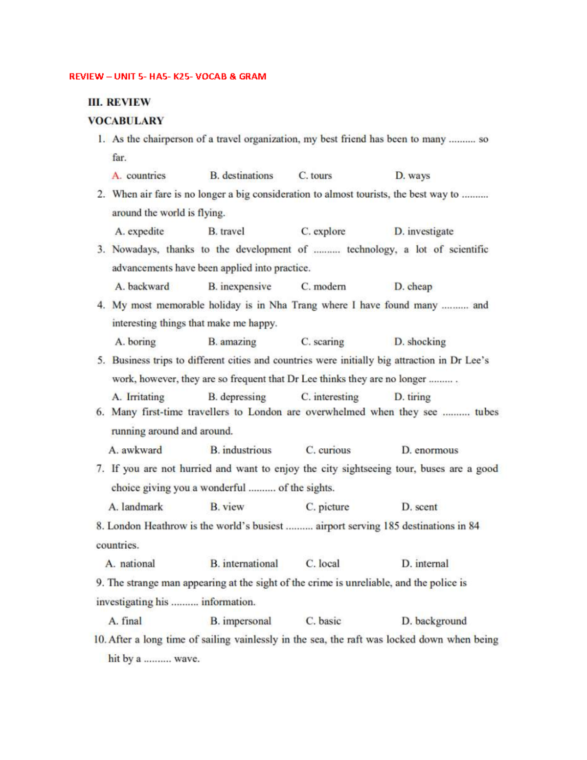 REVIEW SO UNIT 5 - Vocabulary and Grammar Exercises - Studocu