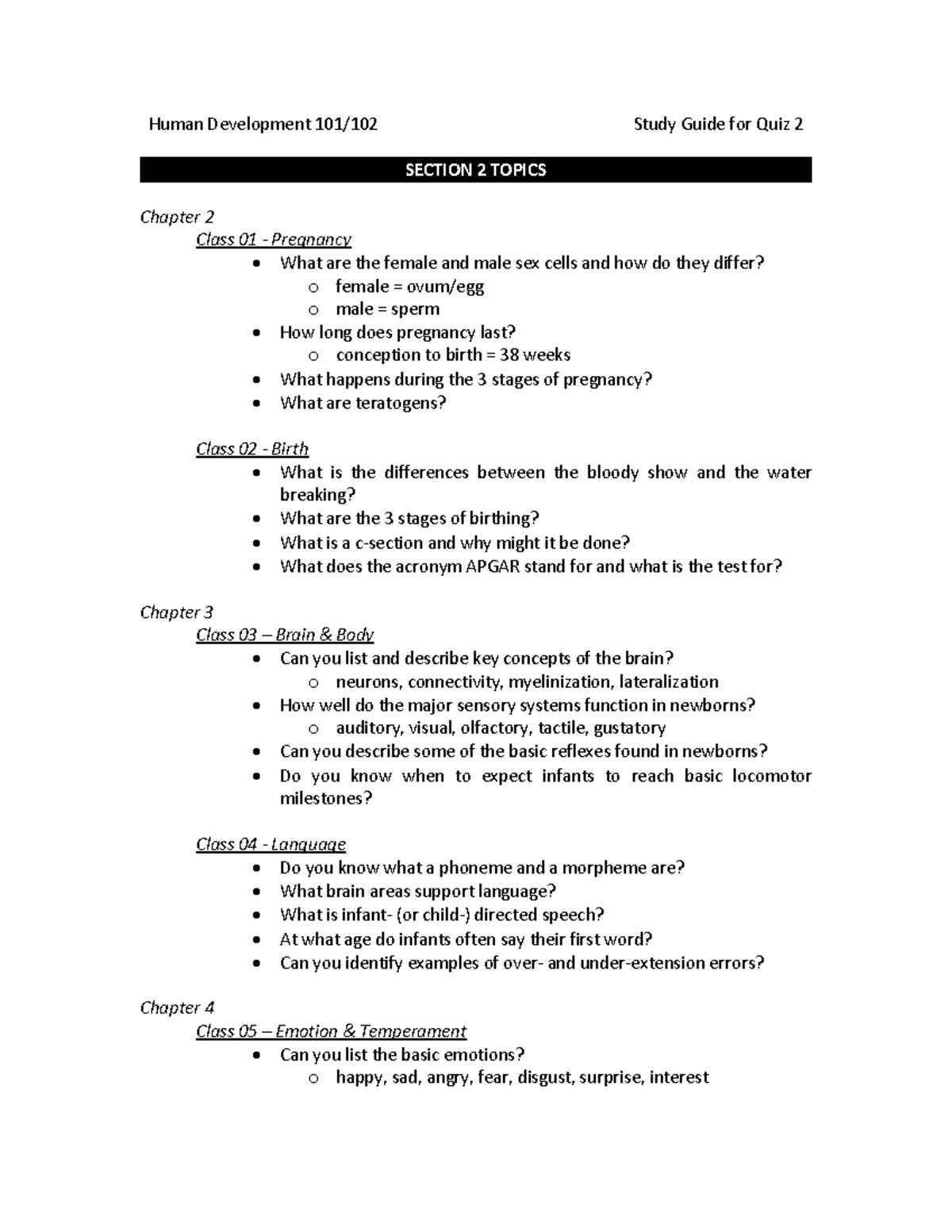 Human Development 101/102 Quiz 2 Study Guide: Key Concepts & Questions ...