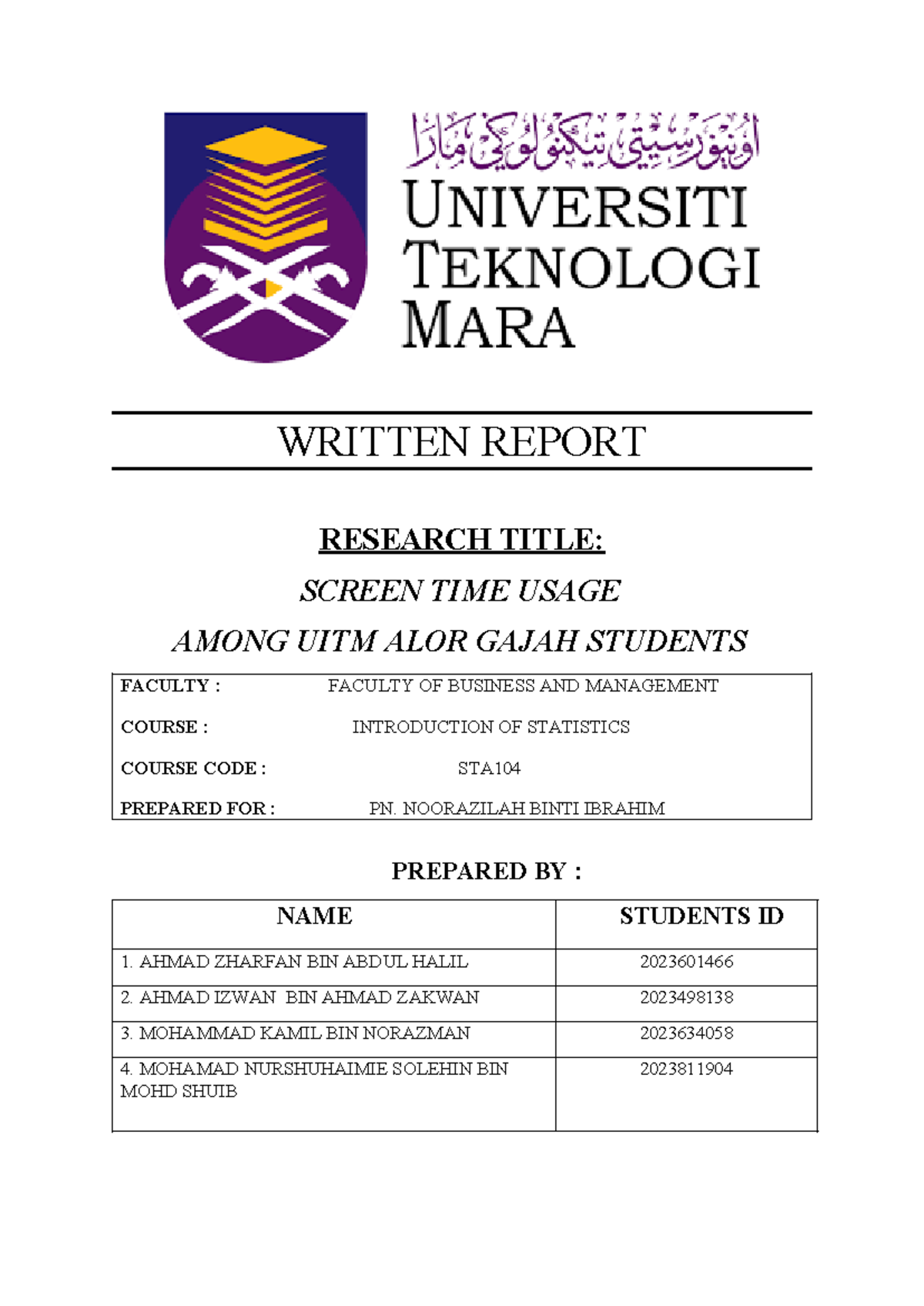 Written Report STA104(1) - WRITTEN REPORT RESEARCH TITLE: SCREEN TIME ...