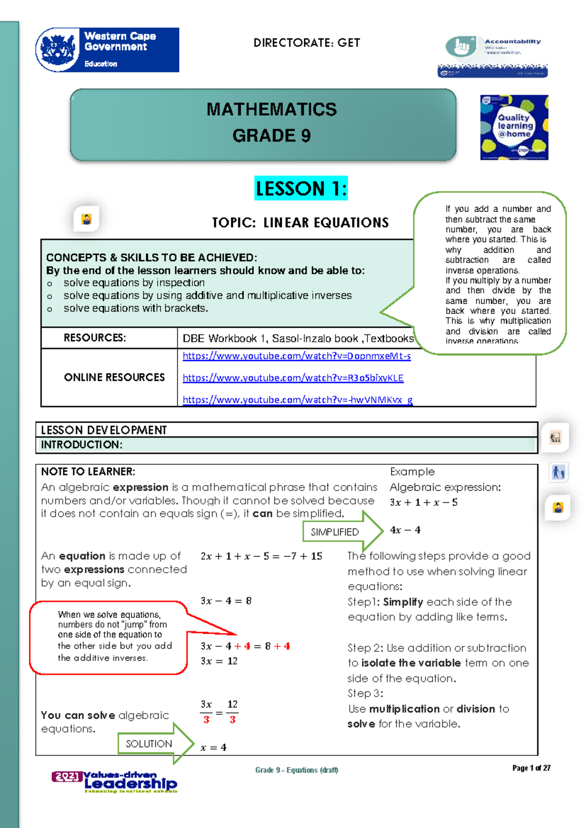 Grade 9 Mathematics Lesson Plan: Linear Equations Concepts and Skills ...