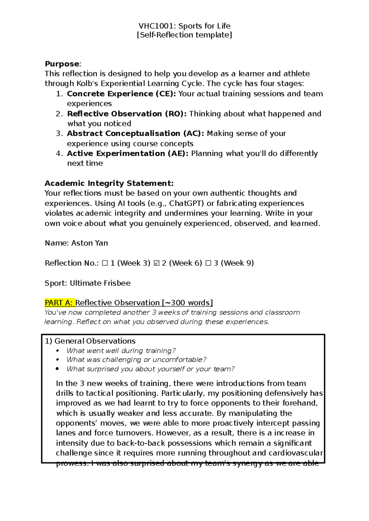 VHC1001: Self-Reflection on Ultimate Frisbee Training Sessions - Studocu