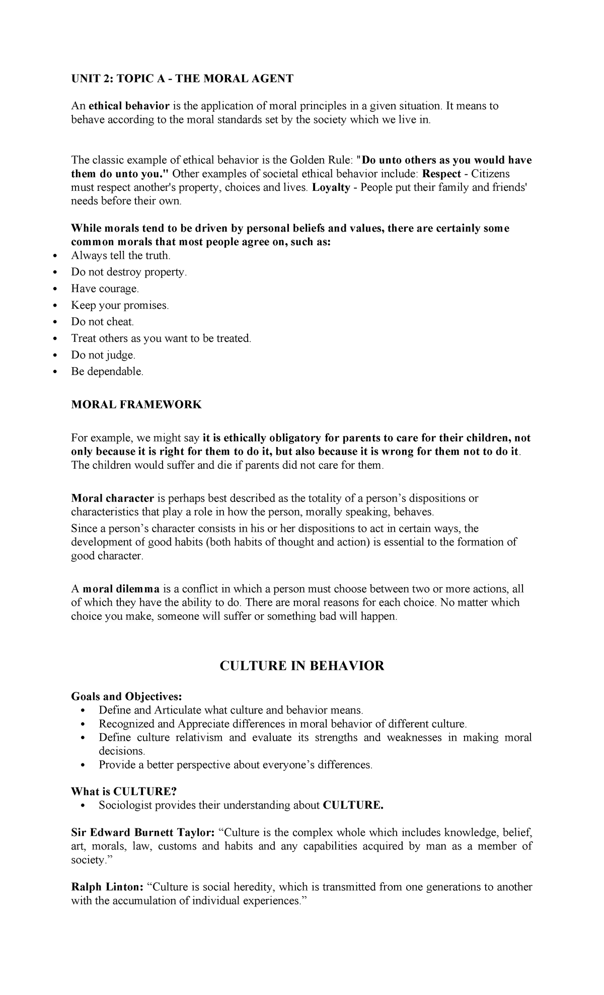 Ethics - UNIT 2: Topic A - The Moral Agent and Culture in Behavior ...