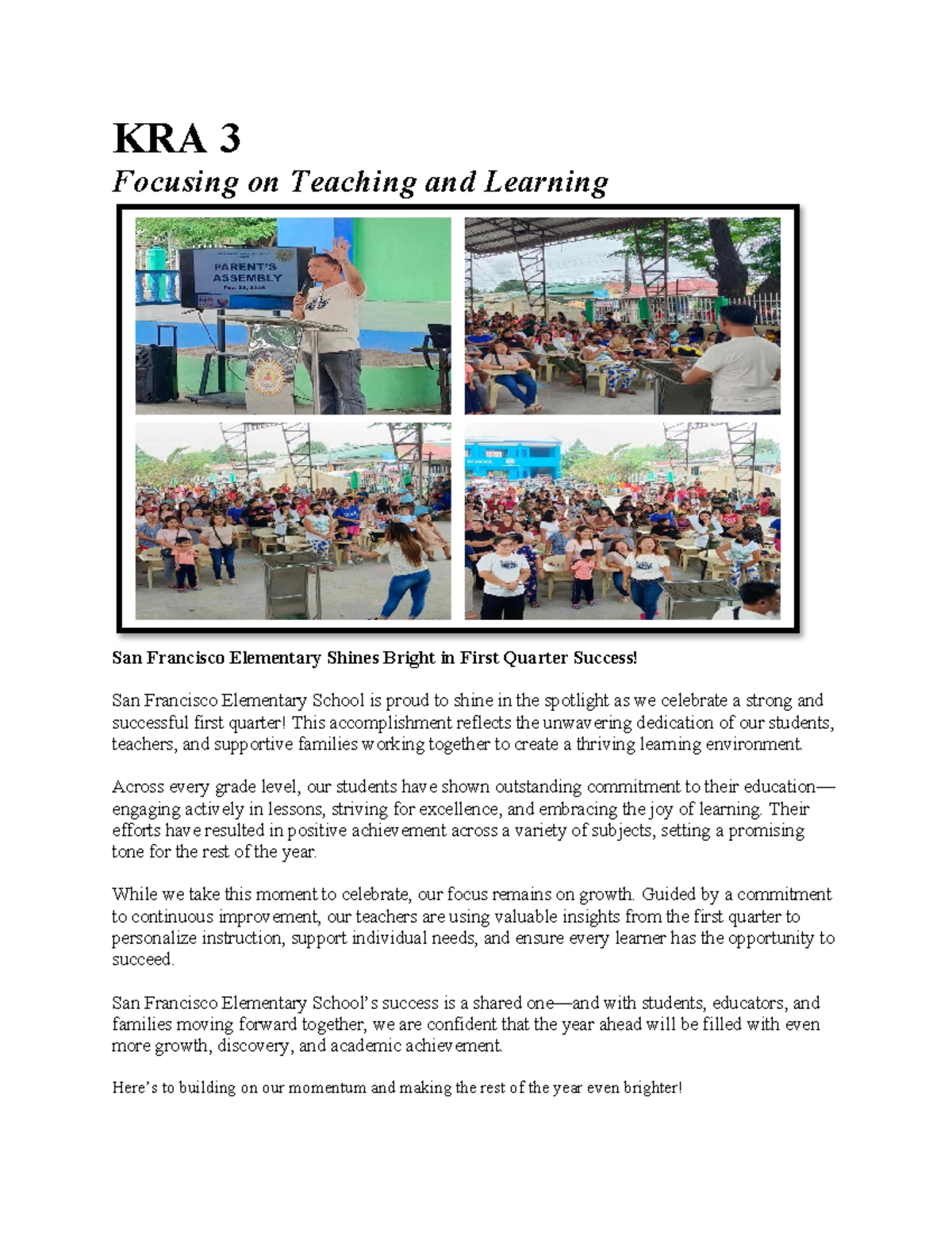 KRA 3: Celebrating First Quarter Success at San Francisco Elementary ...