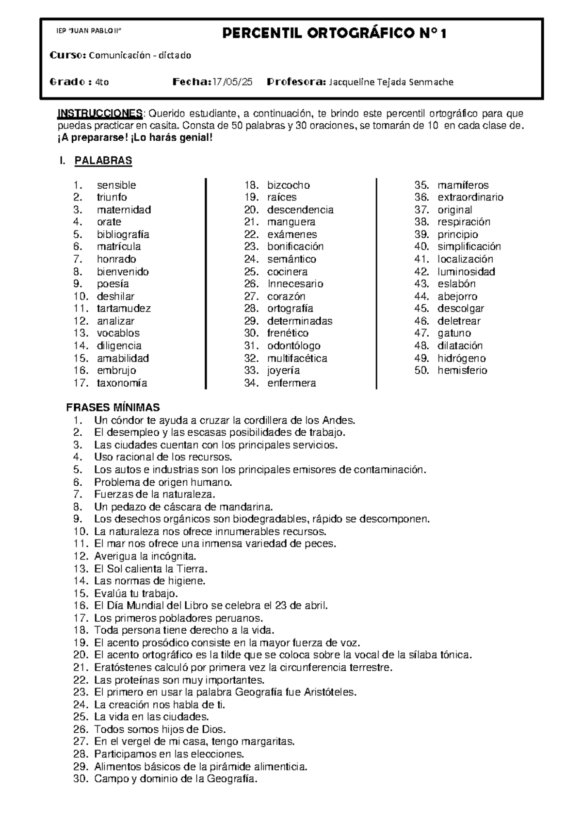 Percentil Ortográfico 1 - 4to Grado Comunicación - Document Preview