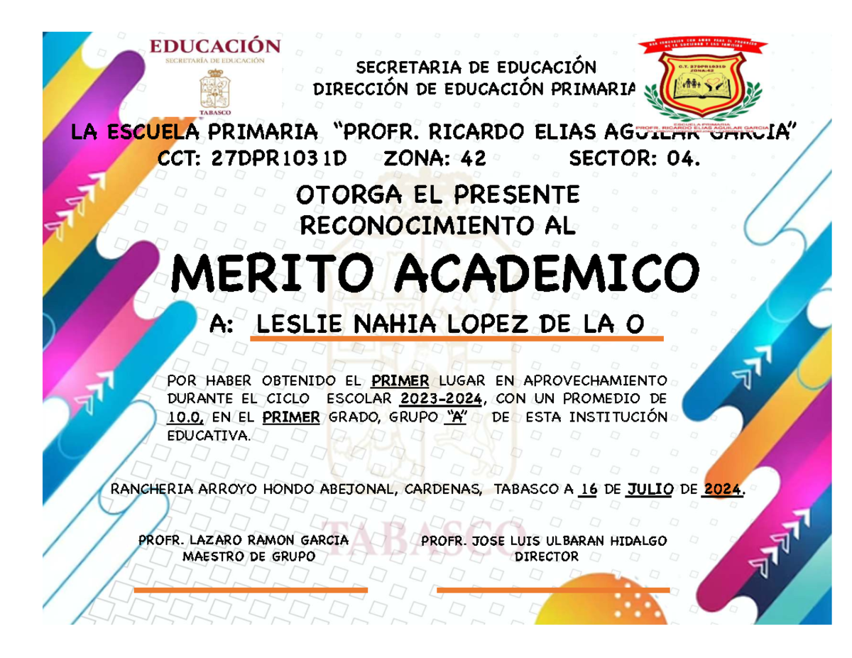 Reconocimiento al Mérito Académico - 1er Grado 27DPR1031D - Studocu