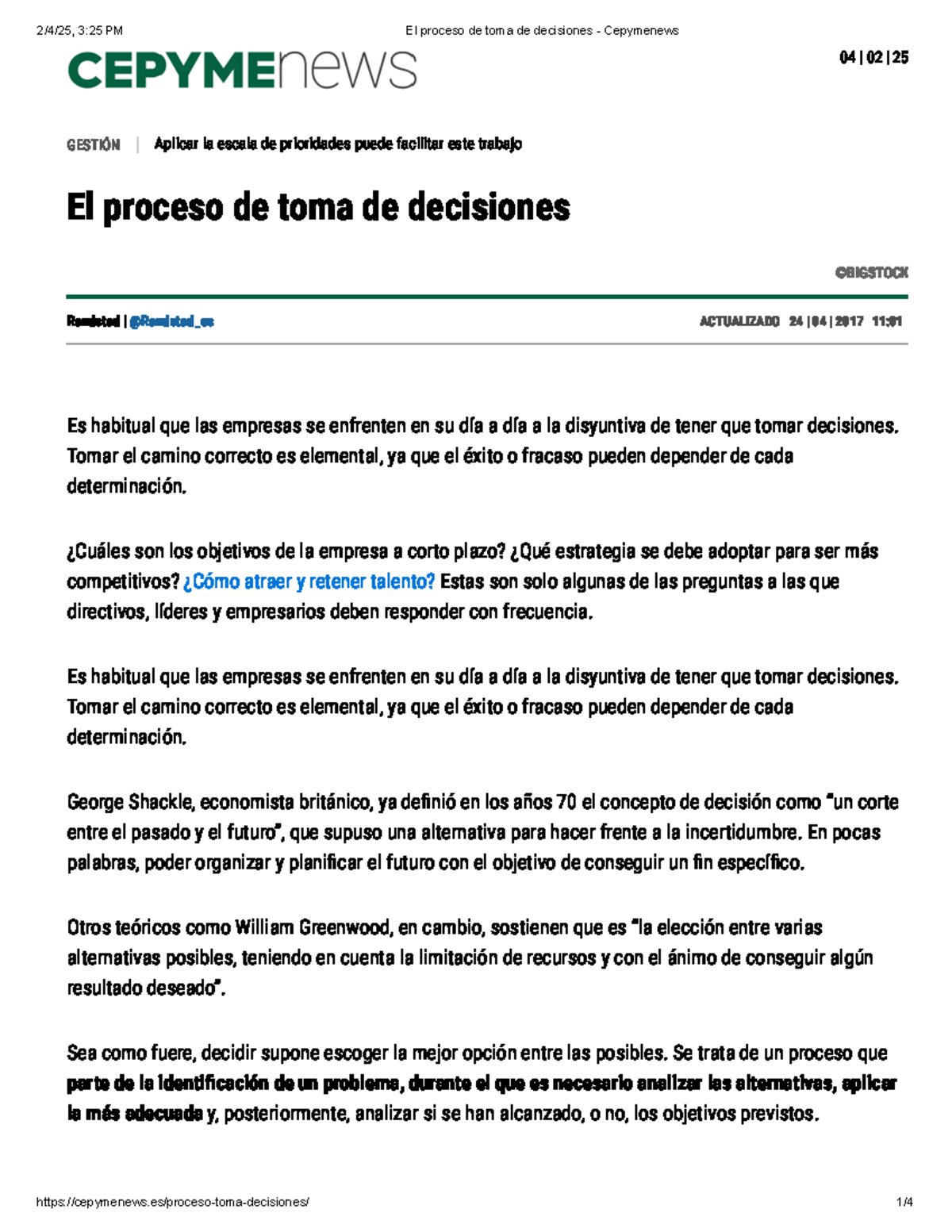 GESTIÓN: El Proceso de Toma de Decisiones en Empresas - Studocu