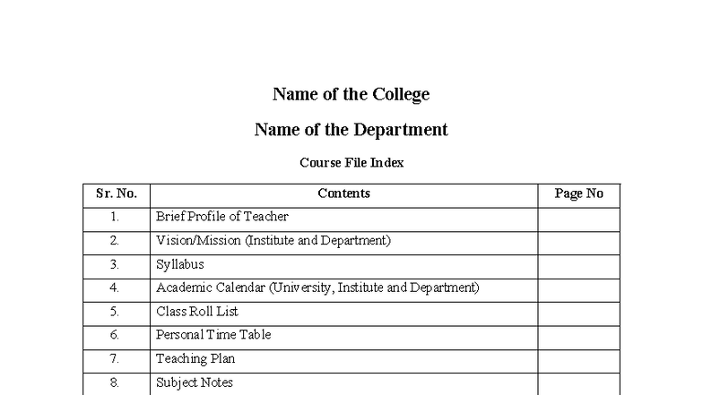 Course file index - jkjioj - Name of the College Name of the Department ...