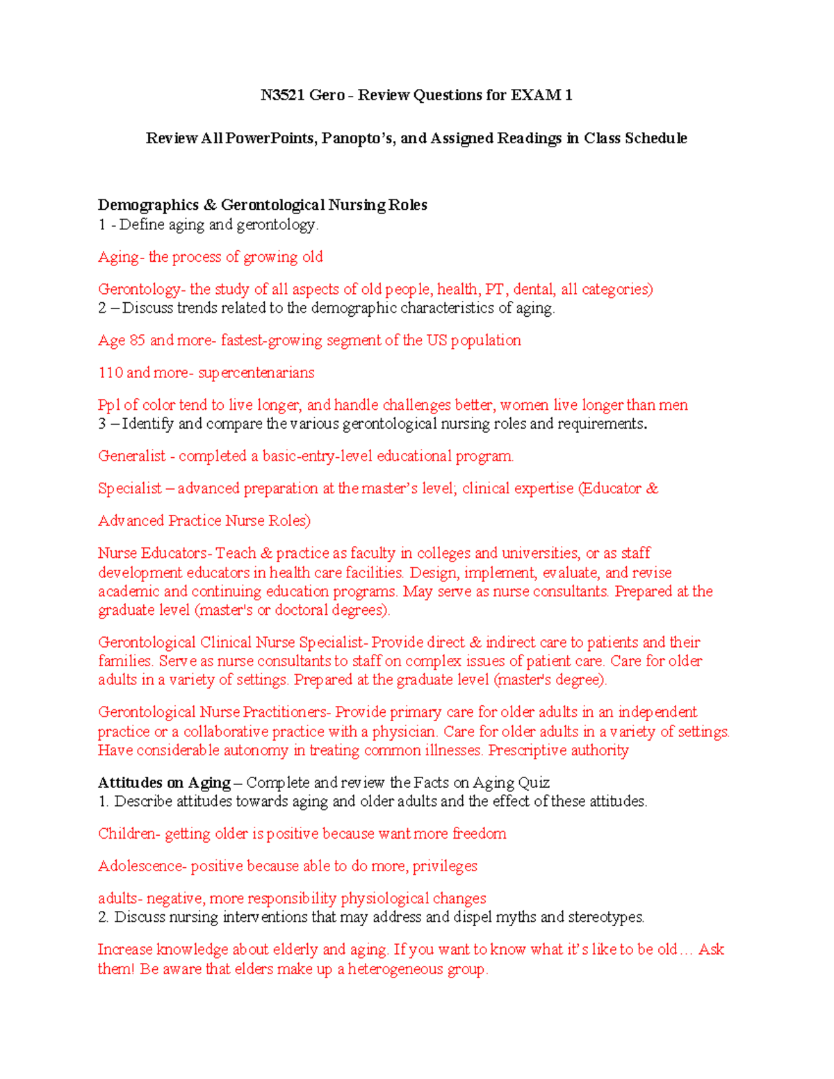 N3521 Gero Review Questions for Exam 1 - Spring 2024 - Studocu
