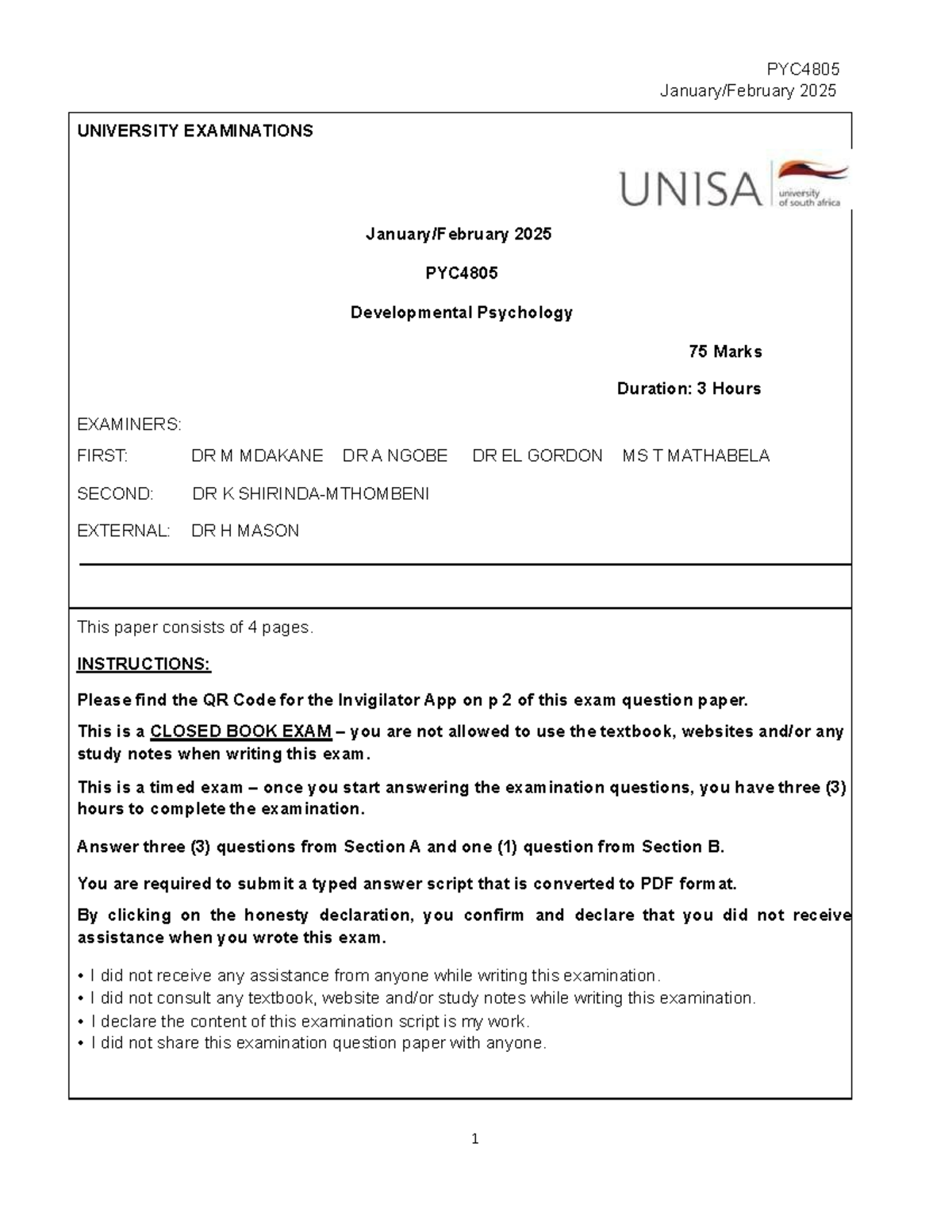 PYC4805 2025 Developmental Psychology Exam Instructions & Questions ...