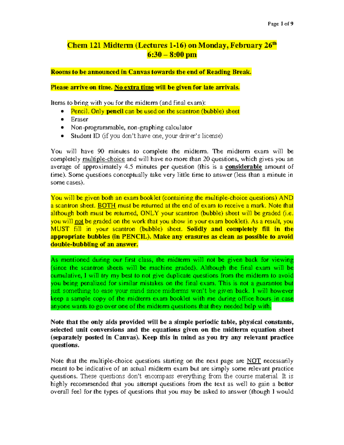 Chem 121 Midterm Practice Questions (Lectures 1-16) Study Guide - Studocu