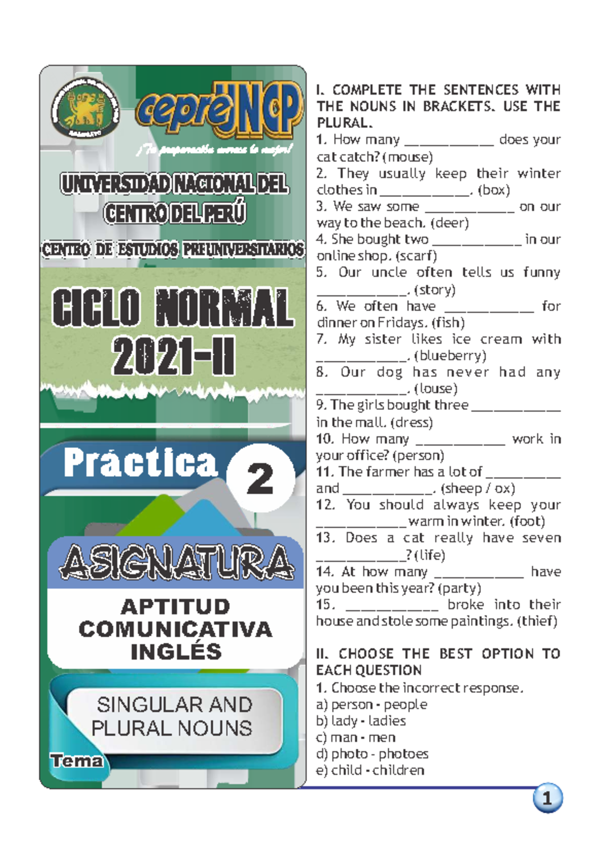 CICLO NORMAL Práctica 2 APTITUD COMUNICATIVA INGLÉS Singular y Plural ...