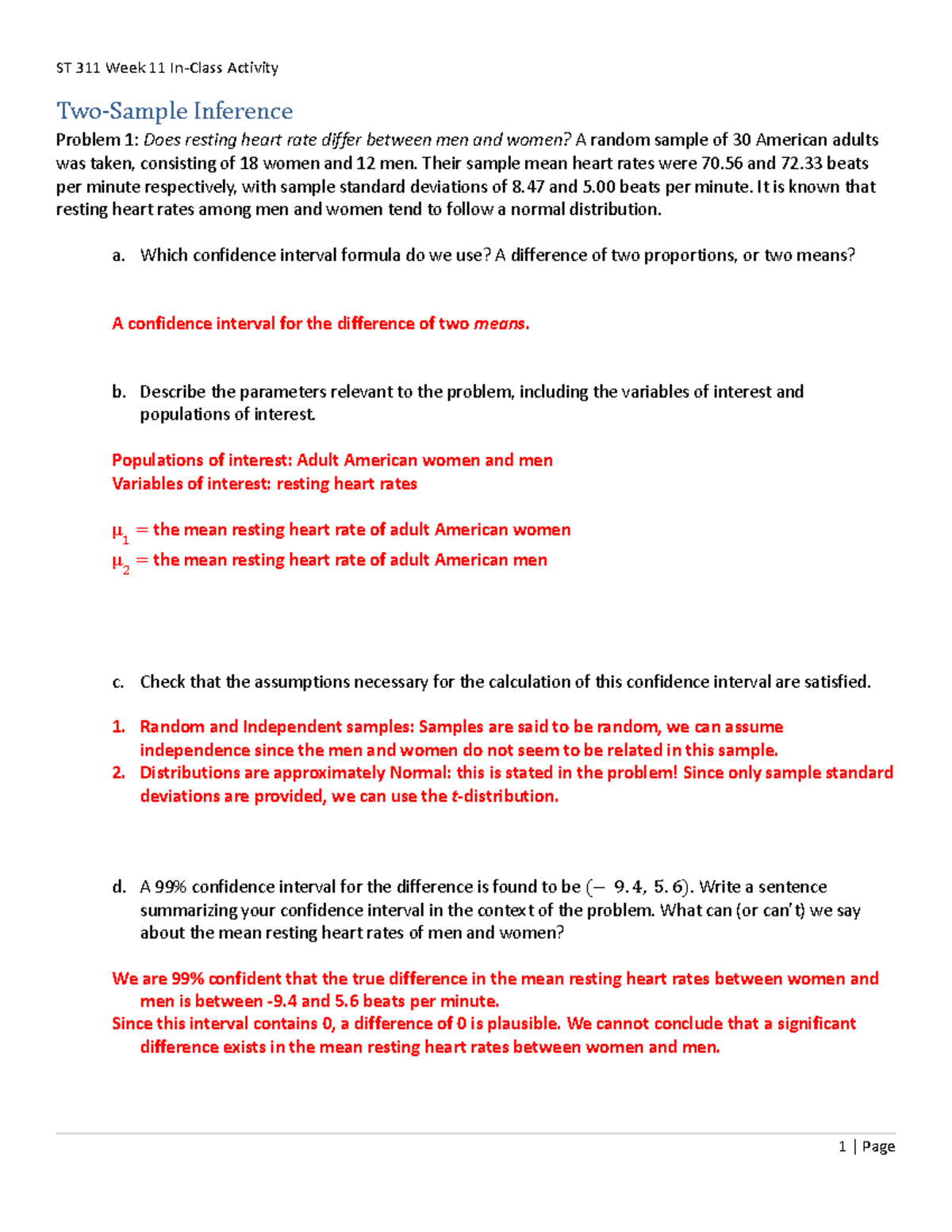 ST 311 Week 11 Activity: Heart Rate & Essay Grade Inference Analysis ...