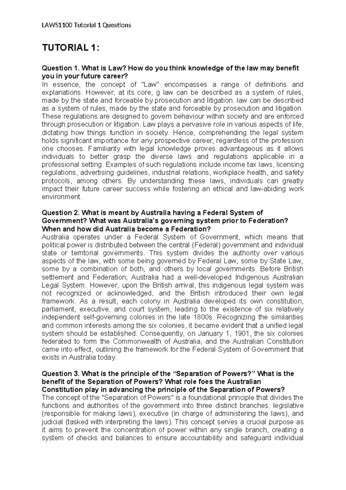 LAWS1100 Tutorial 1: Key Questions on Law and Government - Studocu