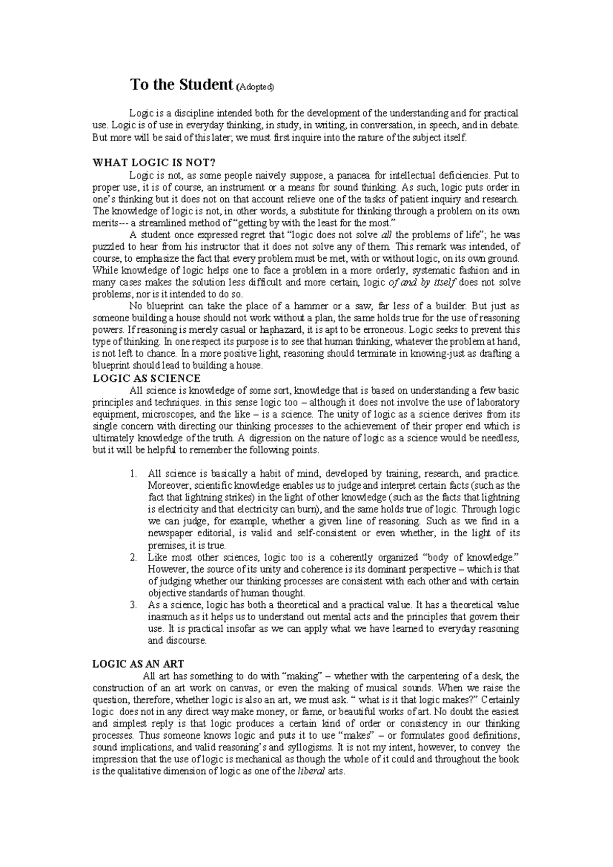 Logic: Understanding Its Nature, Science, and Art - Handout - Studocu