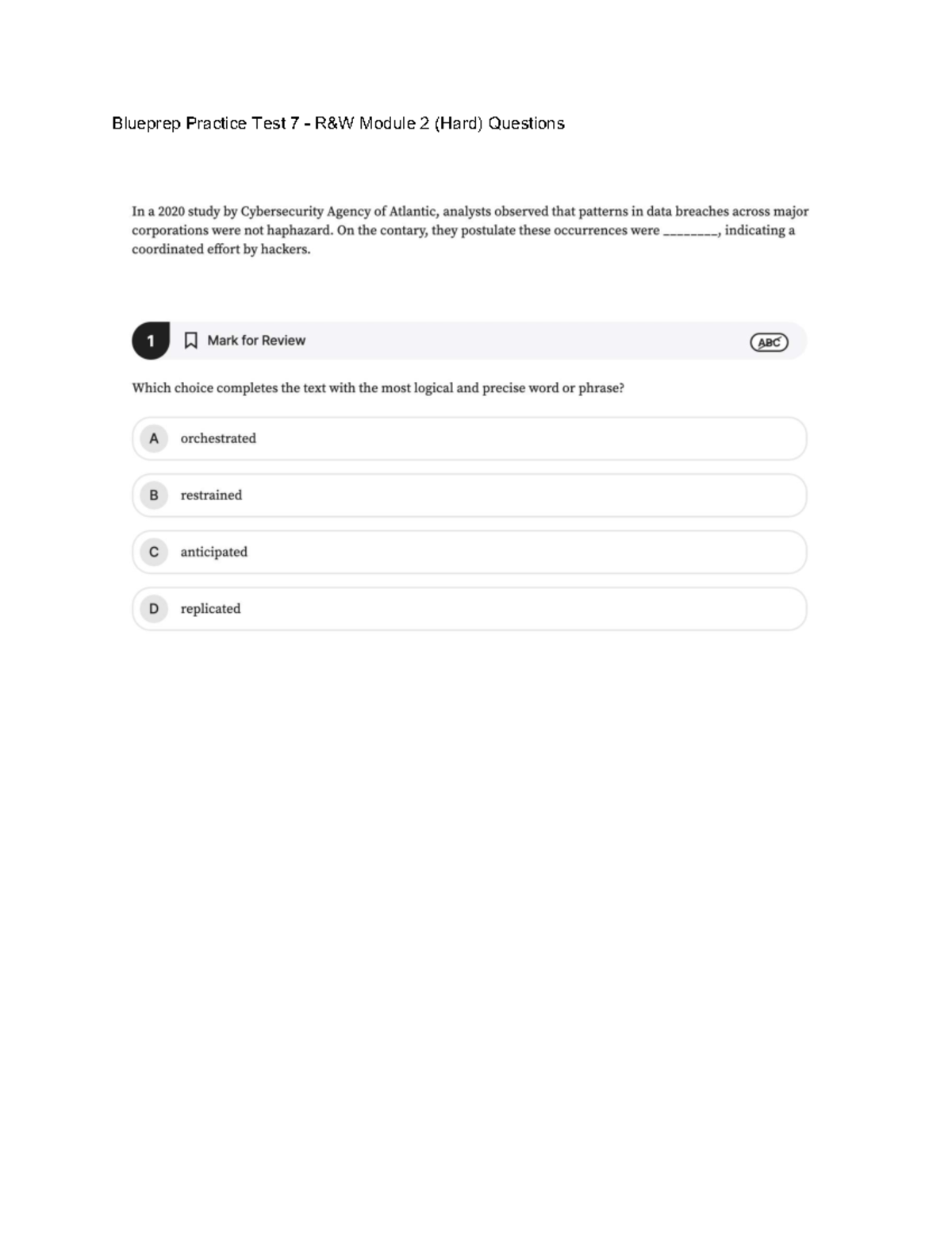Blueprep Practice Test 7 - R&W Module 2 (Challenging Questions) - Studocu