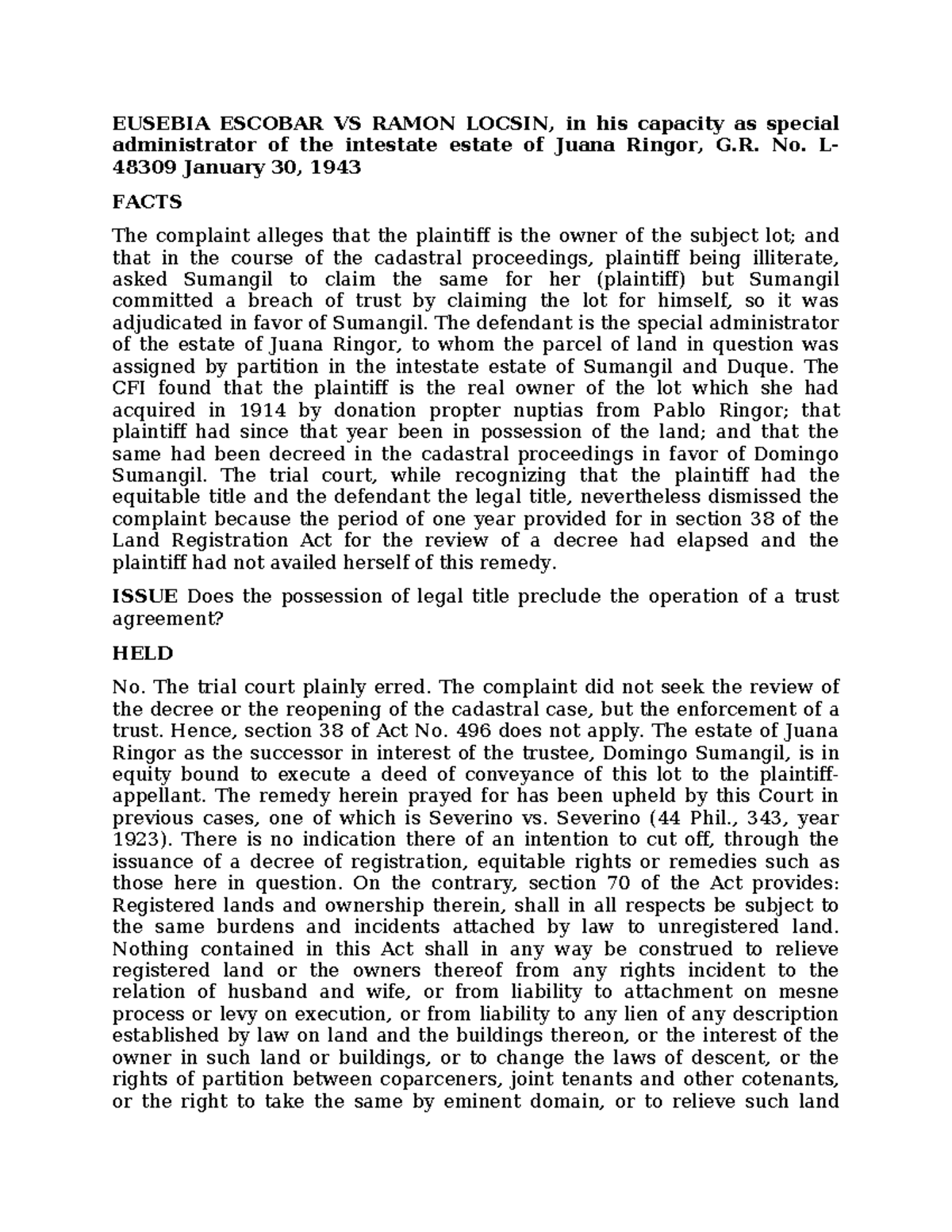EUSEBIA ESCOBAR VS RAMON LOCSIN: Trust and Legal Title Issues (G.R. No ...