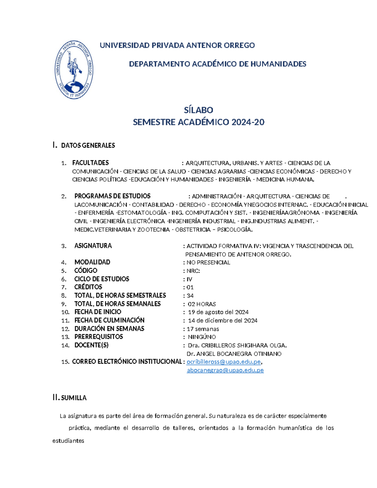 Sílabo de Actividad Formativa IV: Pensamiento de Antenor Orrego 2024-20 - Document Preview
