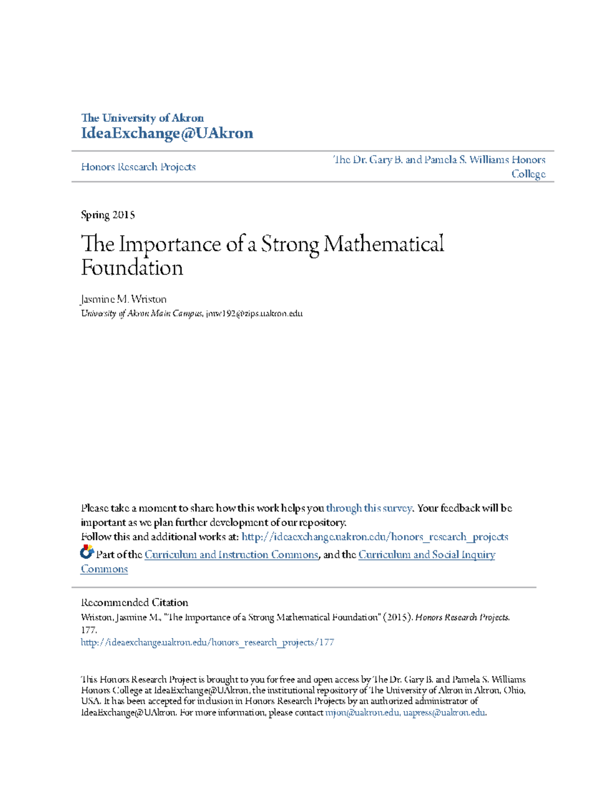 Honors Research Project: Strong Math Foundation - The Key to Academic ...
