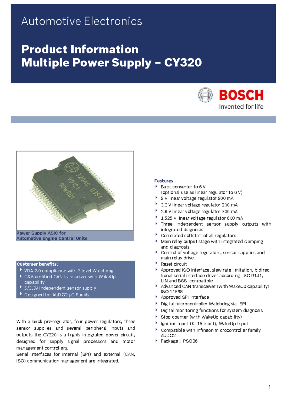 Bosch IC CY320: Automotive Power Supply Features & Specifications - Studocu