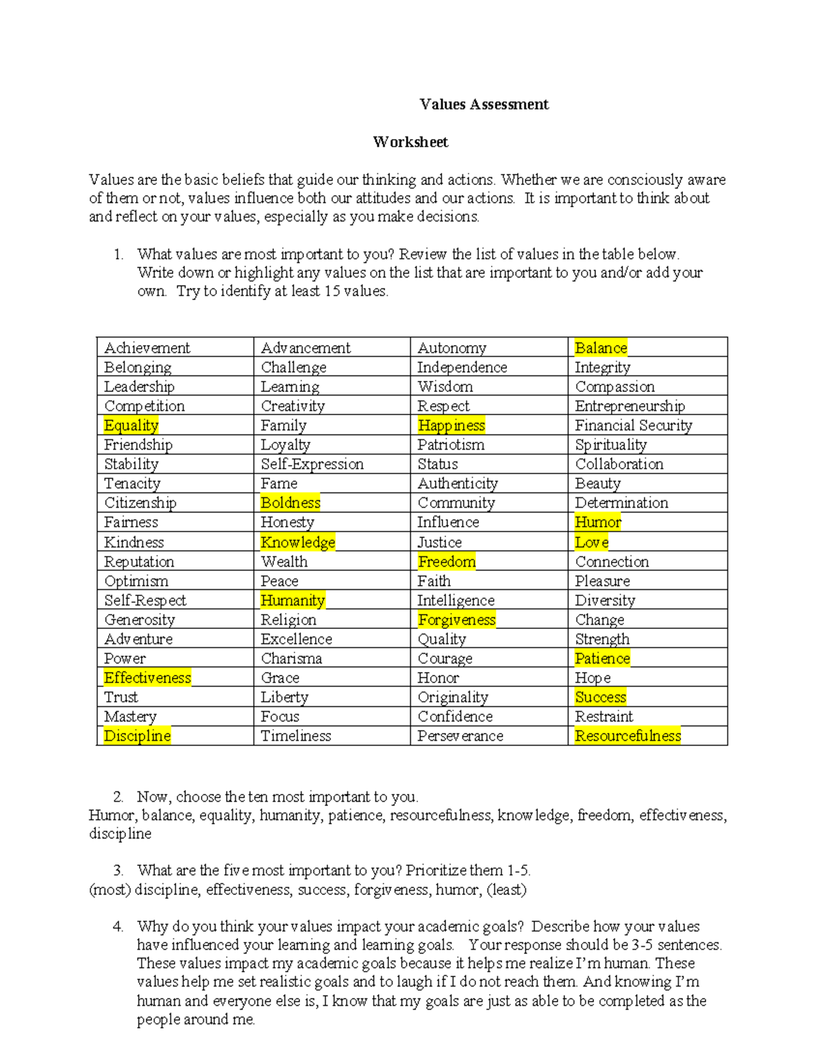 UNIT 2 Values Assessment Worksheet: Reflecting on Personal Values - Studocu