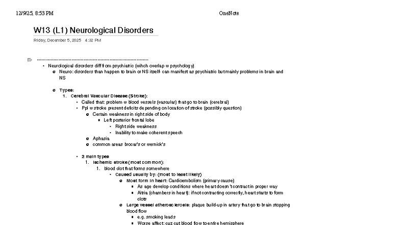 PSYC 2560: Week 13 Lecture Notes on Neurological Disorders - Studocu