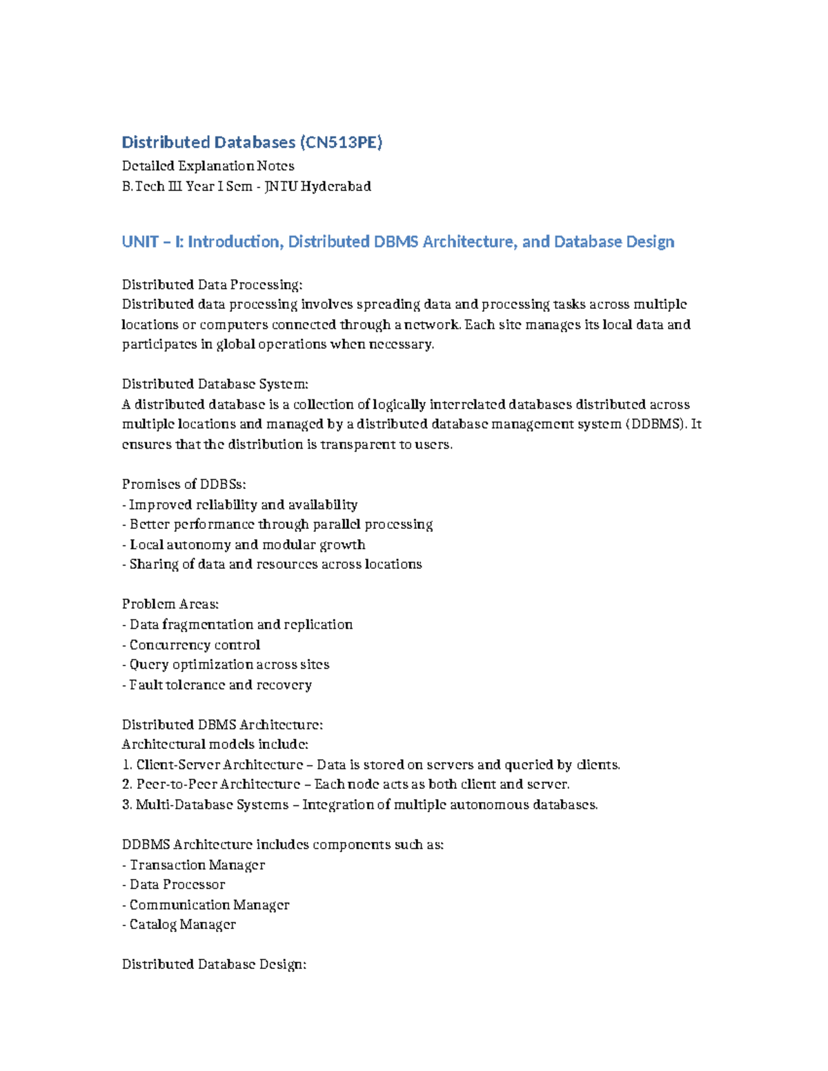 Distributed Databases (CN513PE) Comprehensive Study Notes B.Tech Year I ...