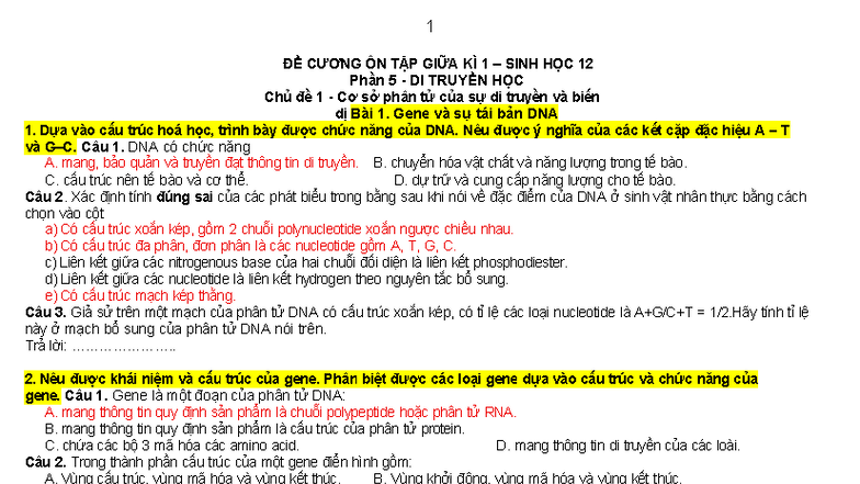 DAP AN DE Cuong ON TAP SINH 12 GIUA KI 1 2025 20261 - ĐỀ CƯƠNG ÔN TẬP ...