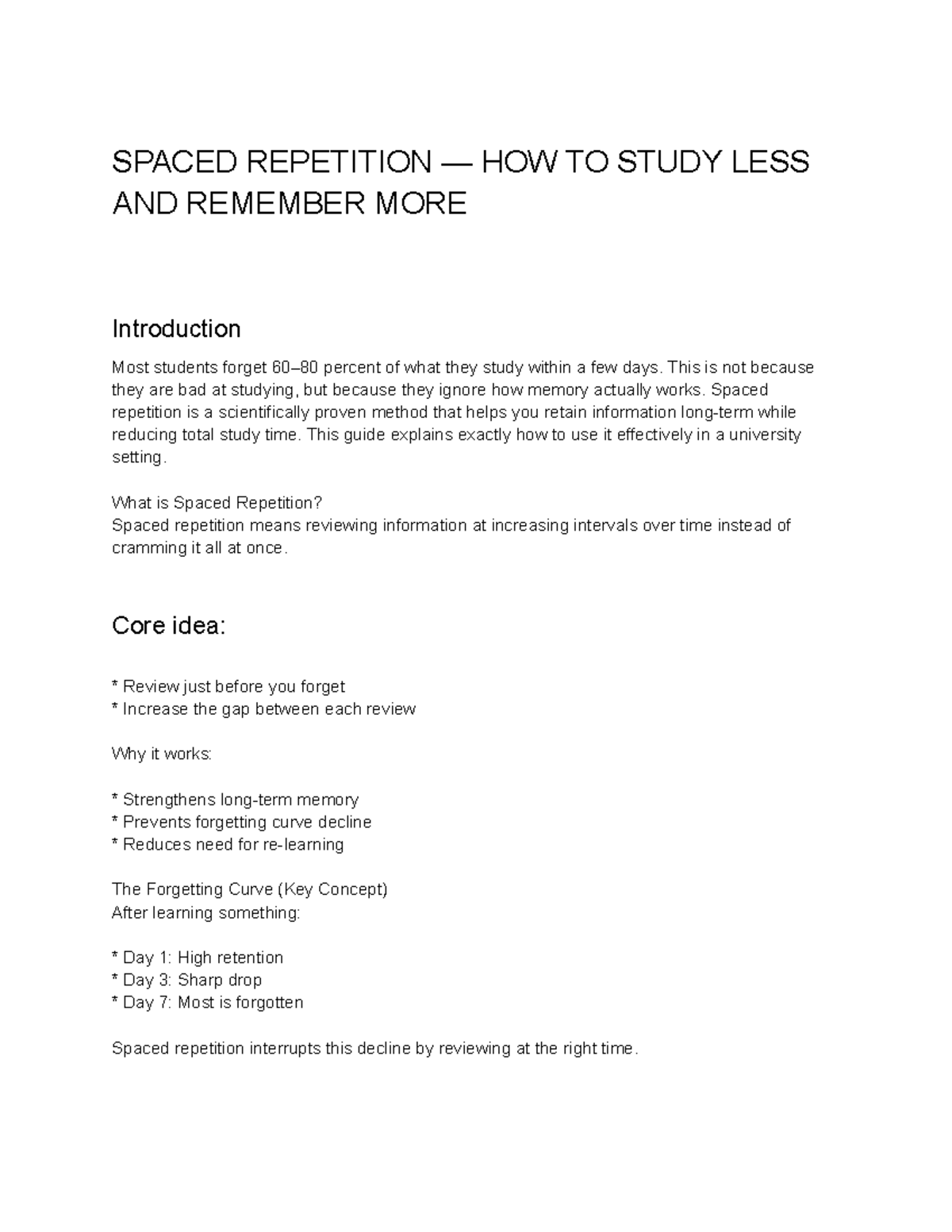 SPACED REPETITION: STUDY LESS, REMEMBER MORE - A GUIDE - Studocu