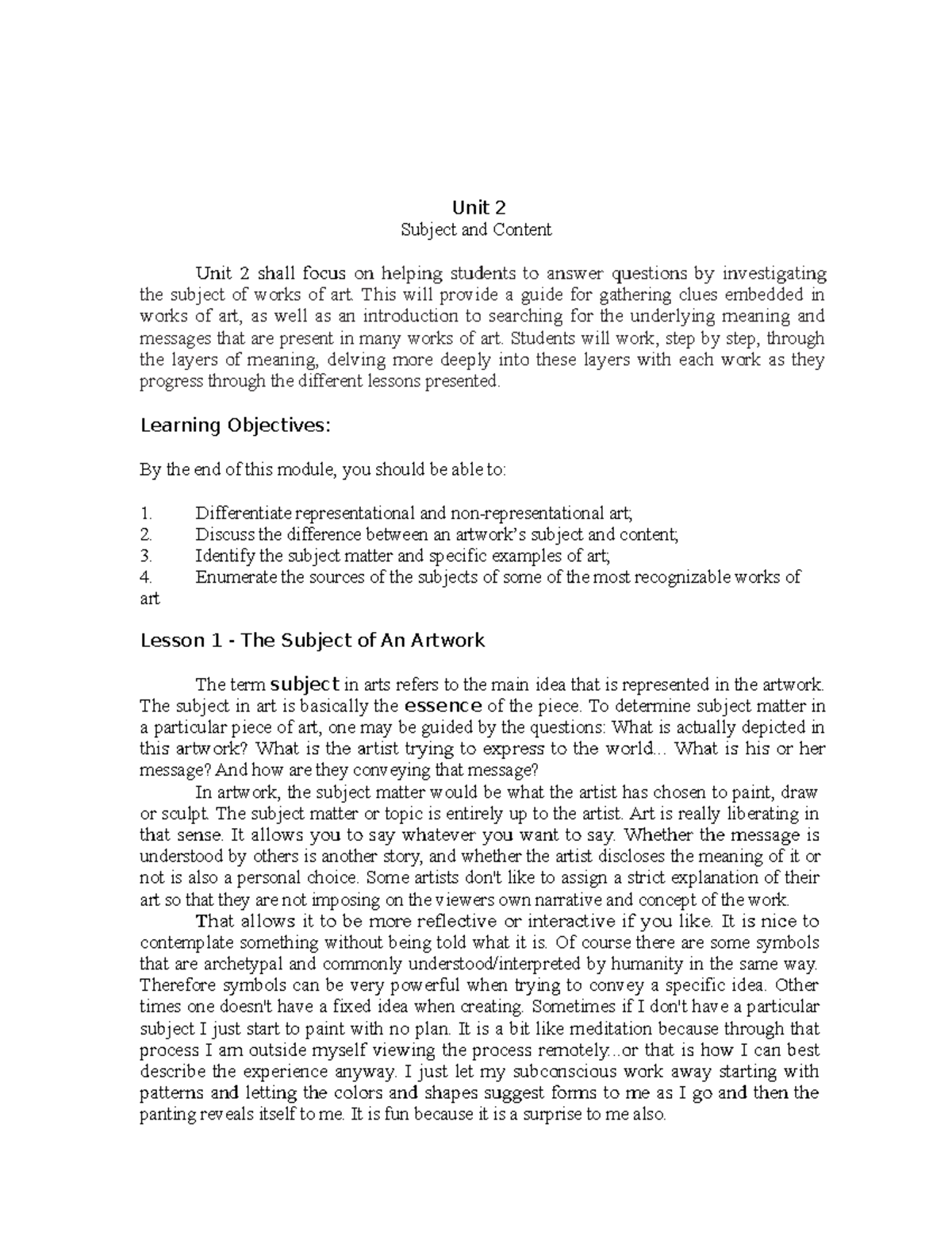 Unit 2 Module - Understanding Art: Subject and Content Exploration ...