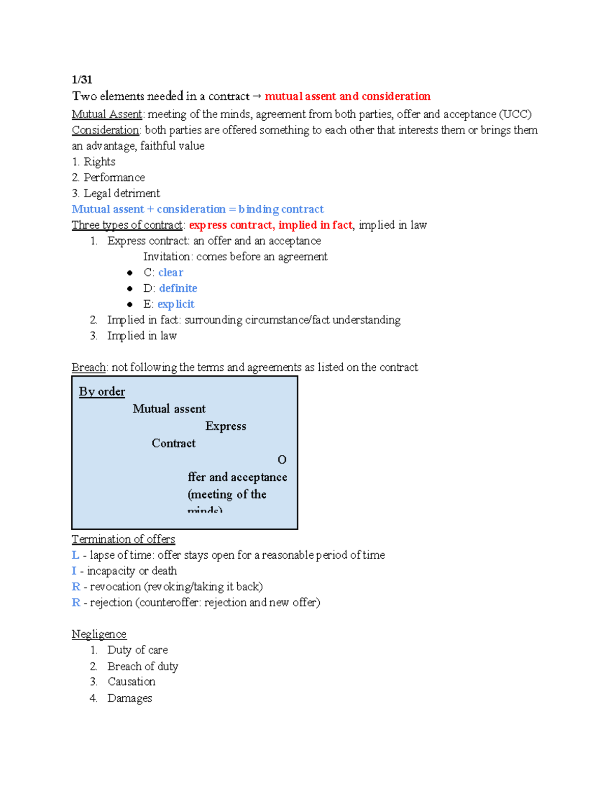 LAW 1101 - Lecture Notes on Contract Law: Mutual Assent & Consideration ...
